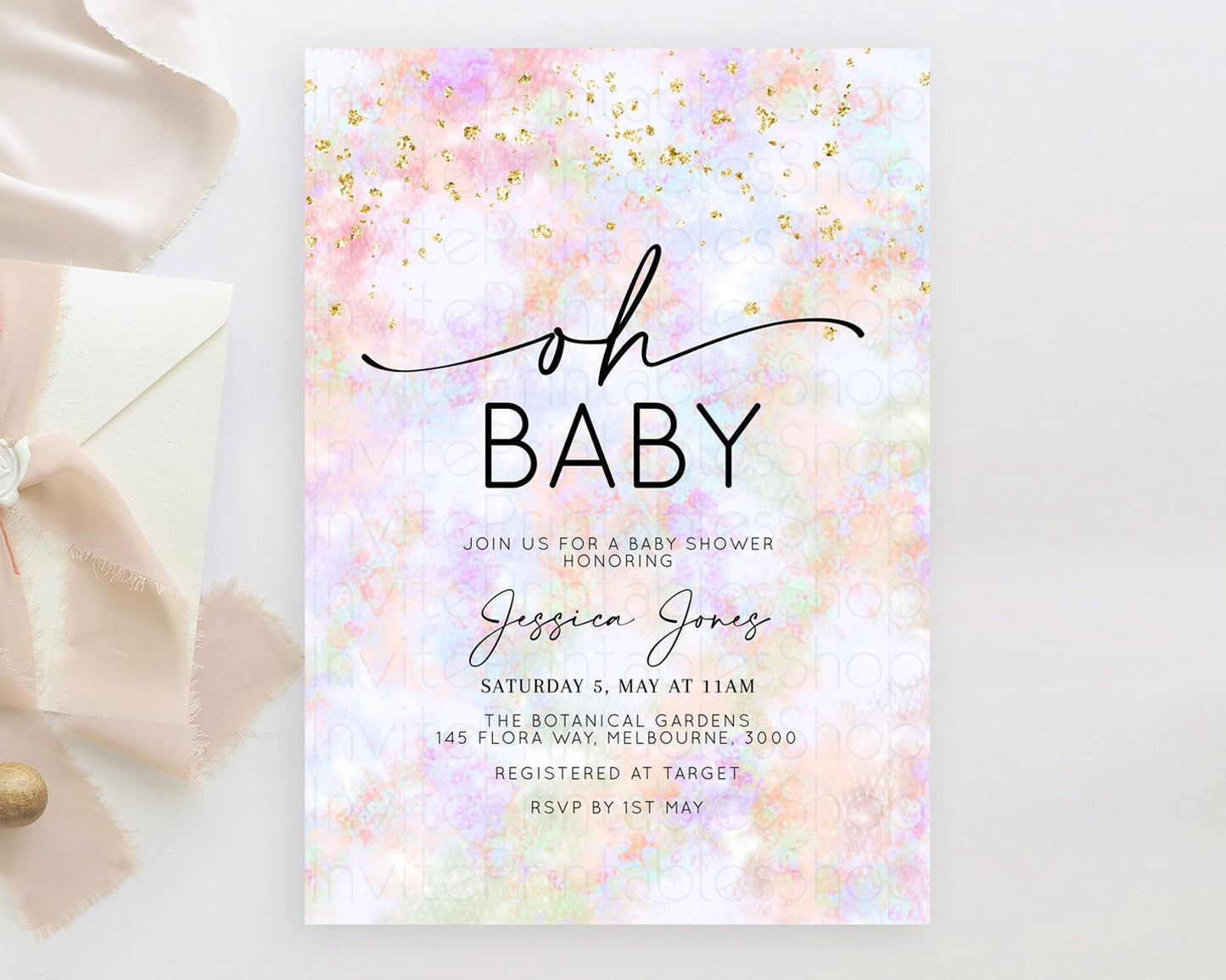 Pastel Baby Shower Invitation Rainbow Baby Shower Invitation Colorful Pastel Watercolor Invitation Gold Glitter Sprinkles Ombre D10649