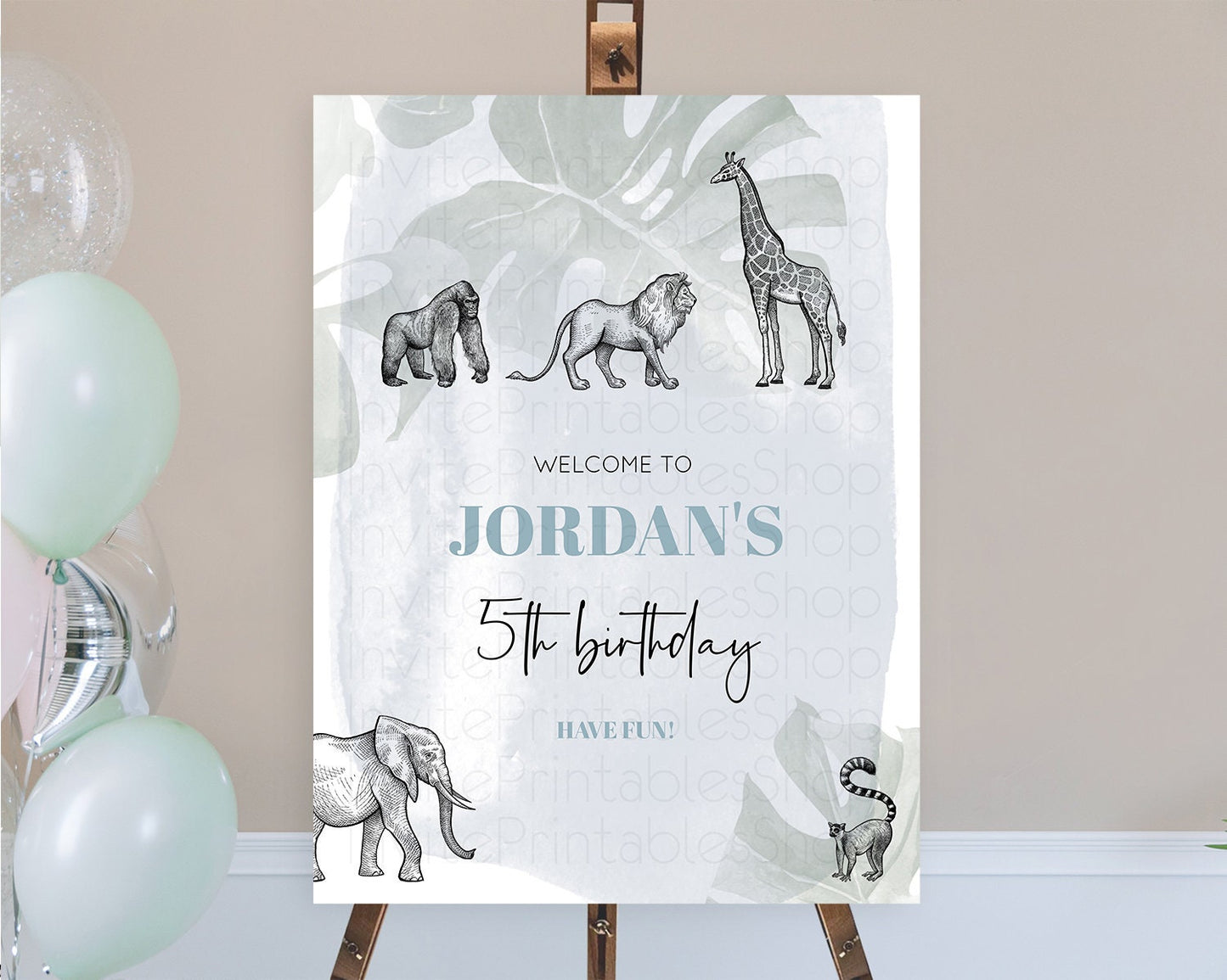 Safari Welcome Sign Safari Welcome Board Lion Gorilla Elephant Rhino Tropical Palm Zoo Party Decor First Birthday Welcome Sign D10821