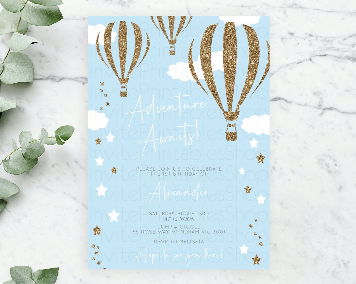 Hot Air Balloon Birthday Invitation Hot Air Balloon Invites Adventure Awaits Up Up & Away Glitter Blue Watercolor 1st Birthday Boy D10332