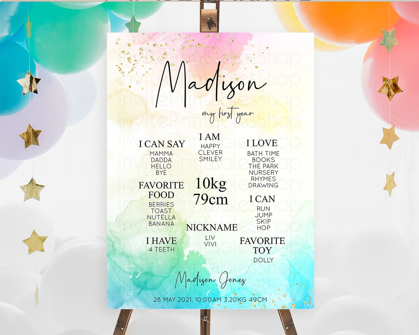 Pastel First Birthday Milestone Board Pastel Rainbow Milestone Poster Colorful Confetti Watercolor Glitter 1st Birthday Welcome Sign D10151