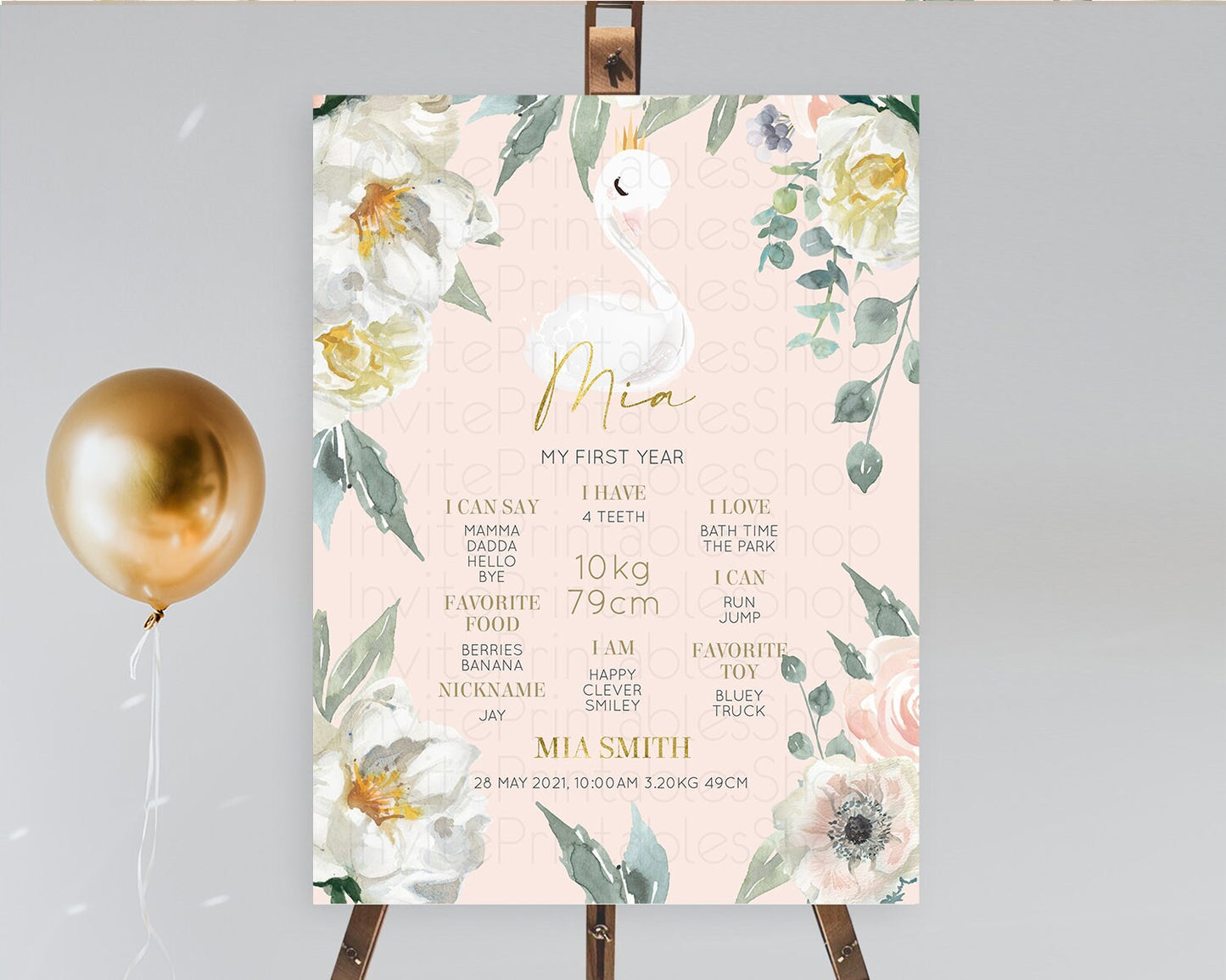 Swan First Birthday Milestone Poster Swan Princess Ballet Milestone Board Enchanted Forest Swan Lake Secret Garden Pastel Floral D10115