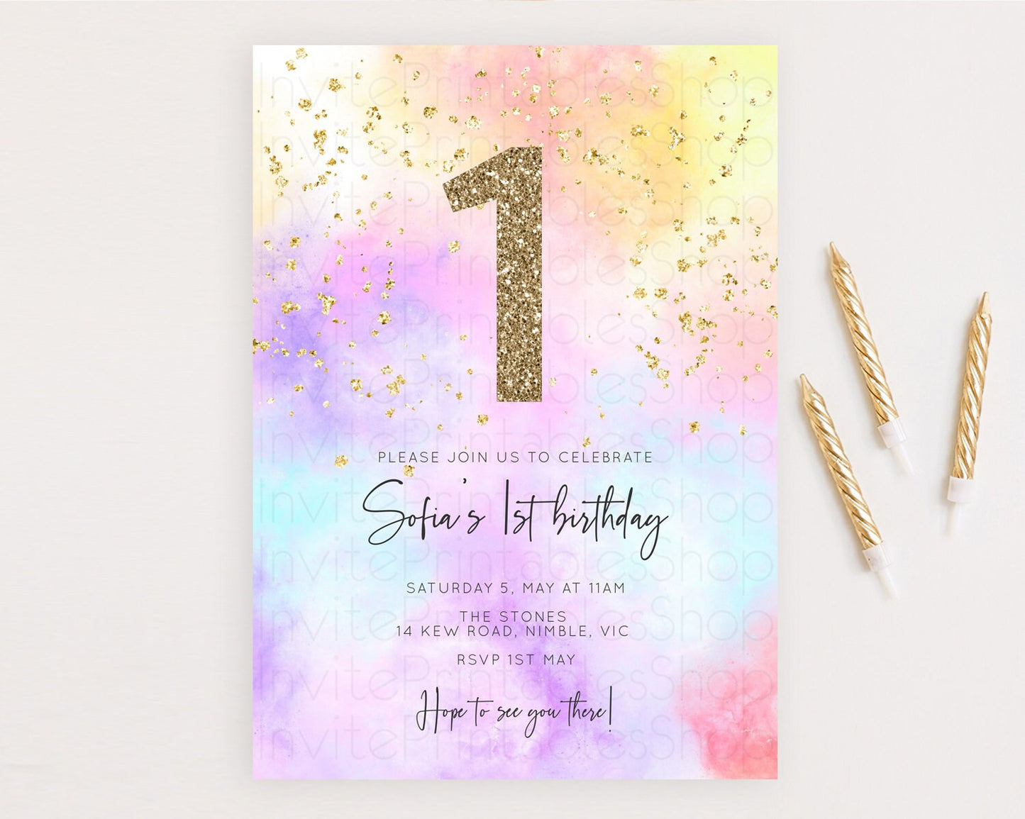 Rainbow Birthday Invitation Colorful Pastel Watercolor Invitation Gold Glitter Sprinkles Ombre Pastel 1st 2nd 3rd Birthday D10437