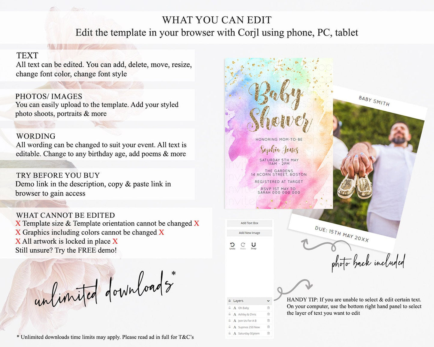 Pastel Rainbow Baby Shower Invitation, Colorful Watercolor Splash, Gold Glitter Confetti Sprinkles, Ombre Pink, Yellow, Green, Orange D10450