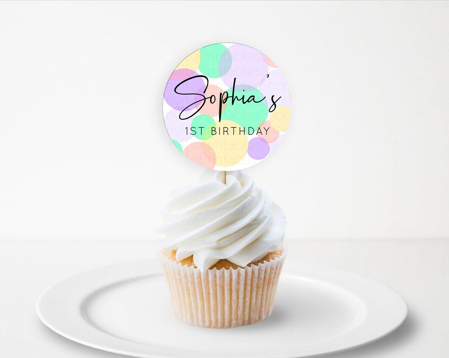 Pastel Cupcake Toppers Pastel Confetti Cupcake Topper Bubbles Sprinkles Colorful Rainbow Confetti Cupcake First Birthday Party Decor D10380