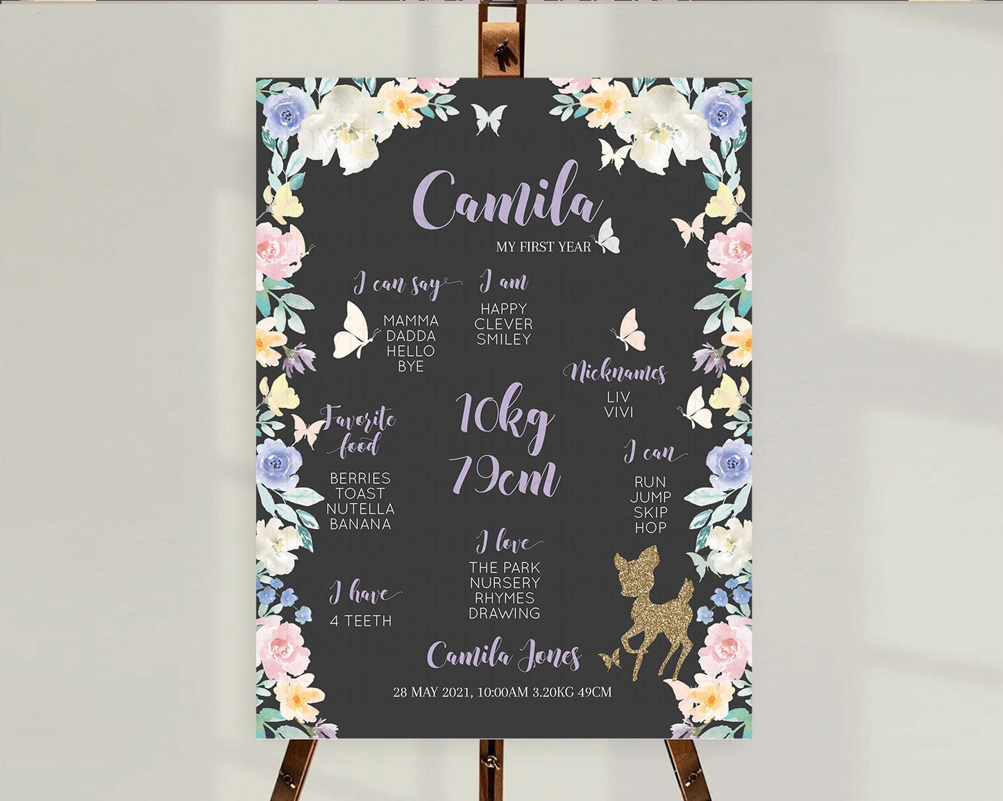 Fawn First Birthday Milestone Board Deer First Birthday Milestone Poster Enchanted Forest Butterfly Pastel Flowers 1st Birthday Sign D10880