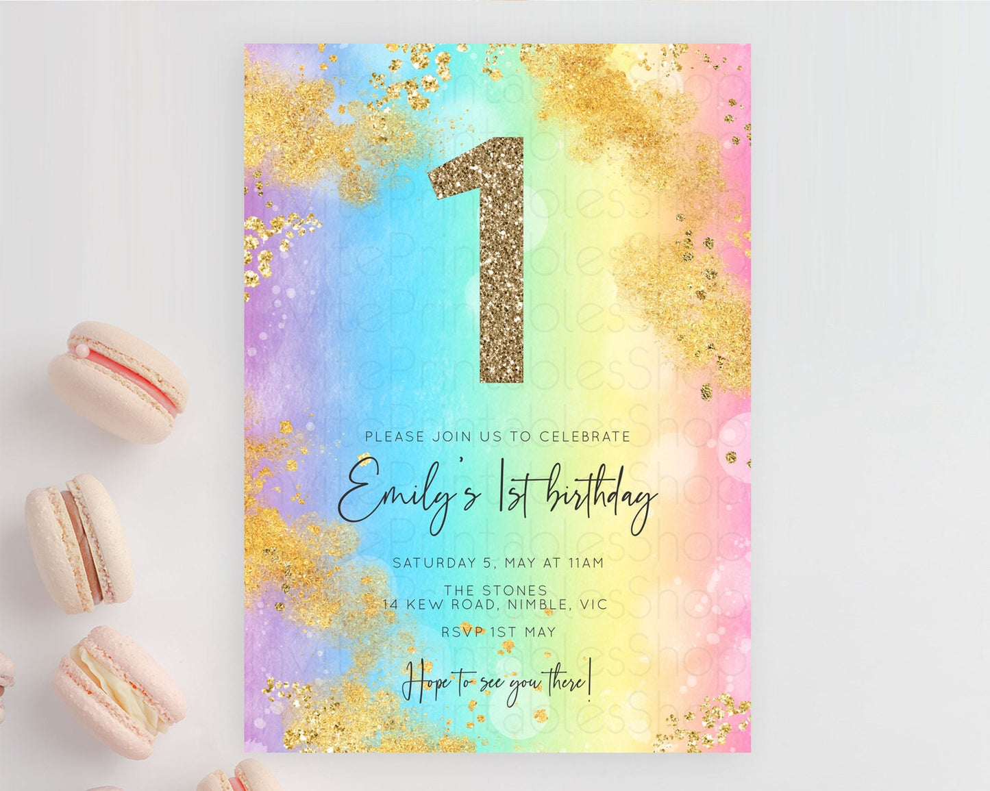 Rainbow Birthday Invitation Colorful Pastel Watercolor Invitation Gold Glitter Sprinkles Ombre Pastel 1st 2nd 3rd Birthday D10559