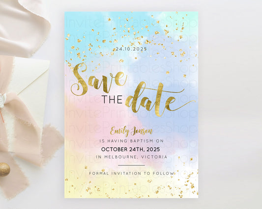Editable Pastel Save The Date Template Pastel Ombre Rainbow Watercolor Color