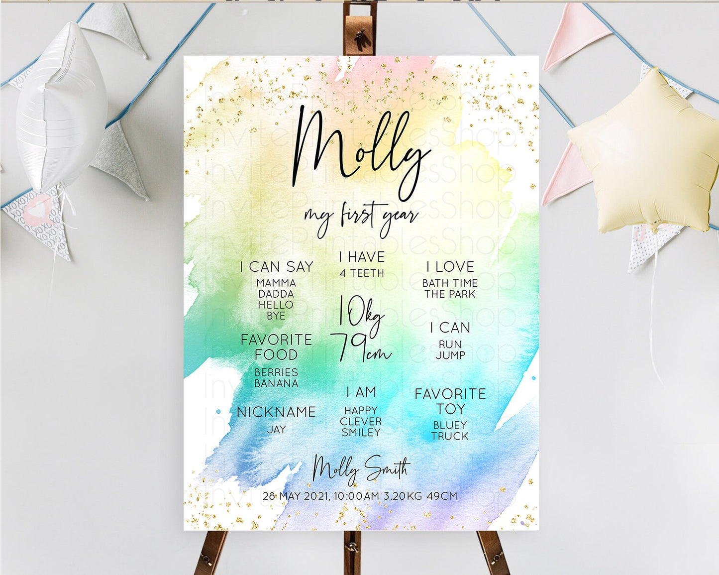 Pastel First Birthday Milestone Board Pastel Rainbow Milestone Poster Colorful Confetti Watercolor Glitter 1st Birthday Welcome Sign D10256