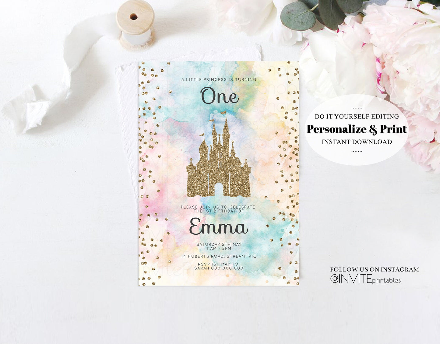 Princess Birthday Invitation Castle Birthday Invitation Rainbow Watercolor Invitation Gold Glitter Confetti Sprinkles Royal Edit Template