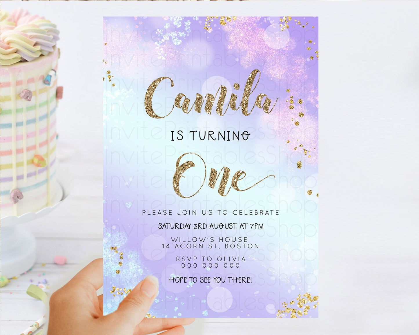 Rainbow Birthday Invitation Colorful Pastel Watercolor Invitation Gold Glitter Sprinkles Ombre Pastel 1st 2nd 3rd Birthday D23118