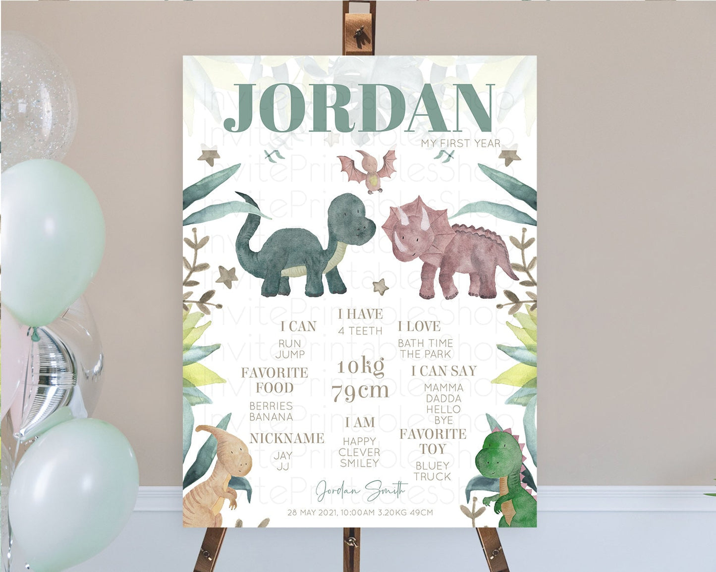 Dinosaur First Birthday Milestone Board Dinosaur Volcano Milestone Poster Watercolor Volcano T-Rex Raptor Jurassic 1st Birthday Sign D10597