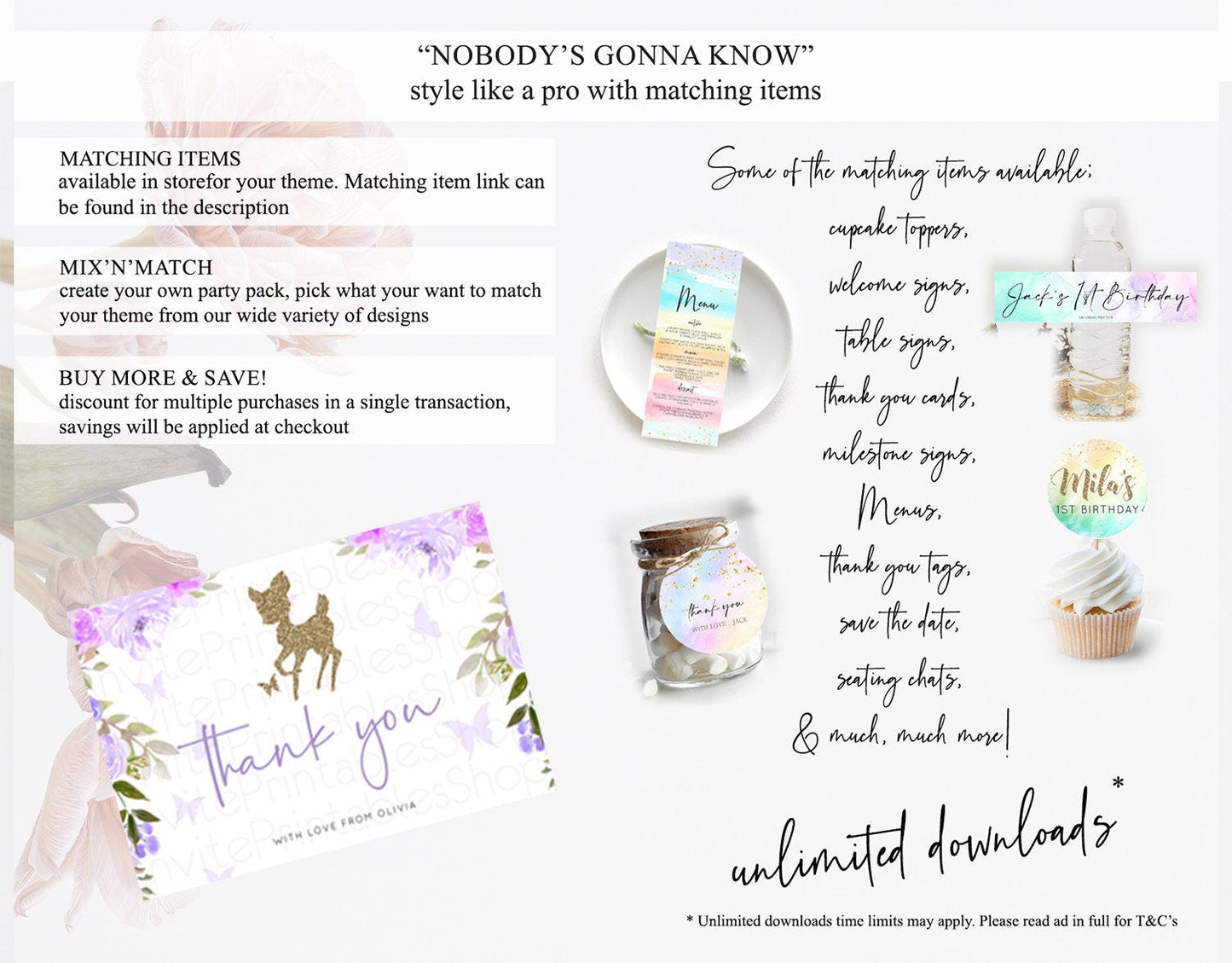 Fawn Thank You Deer Thank You Card Pastel Floral Deer Birthday Thank You Card Enchanted Forest Butterfly Deer Teacher Thank You Card D10914