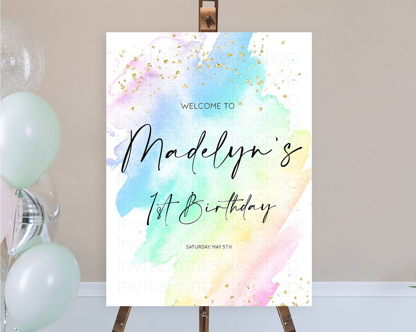 Pastel Welcome Sign Pastel Rainbow Welcome Sign Colorful Rainbow Confetti Watercolor Glitter Pastel First Birthday Welcome Sign D10640