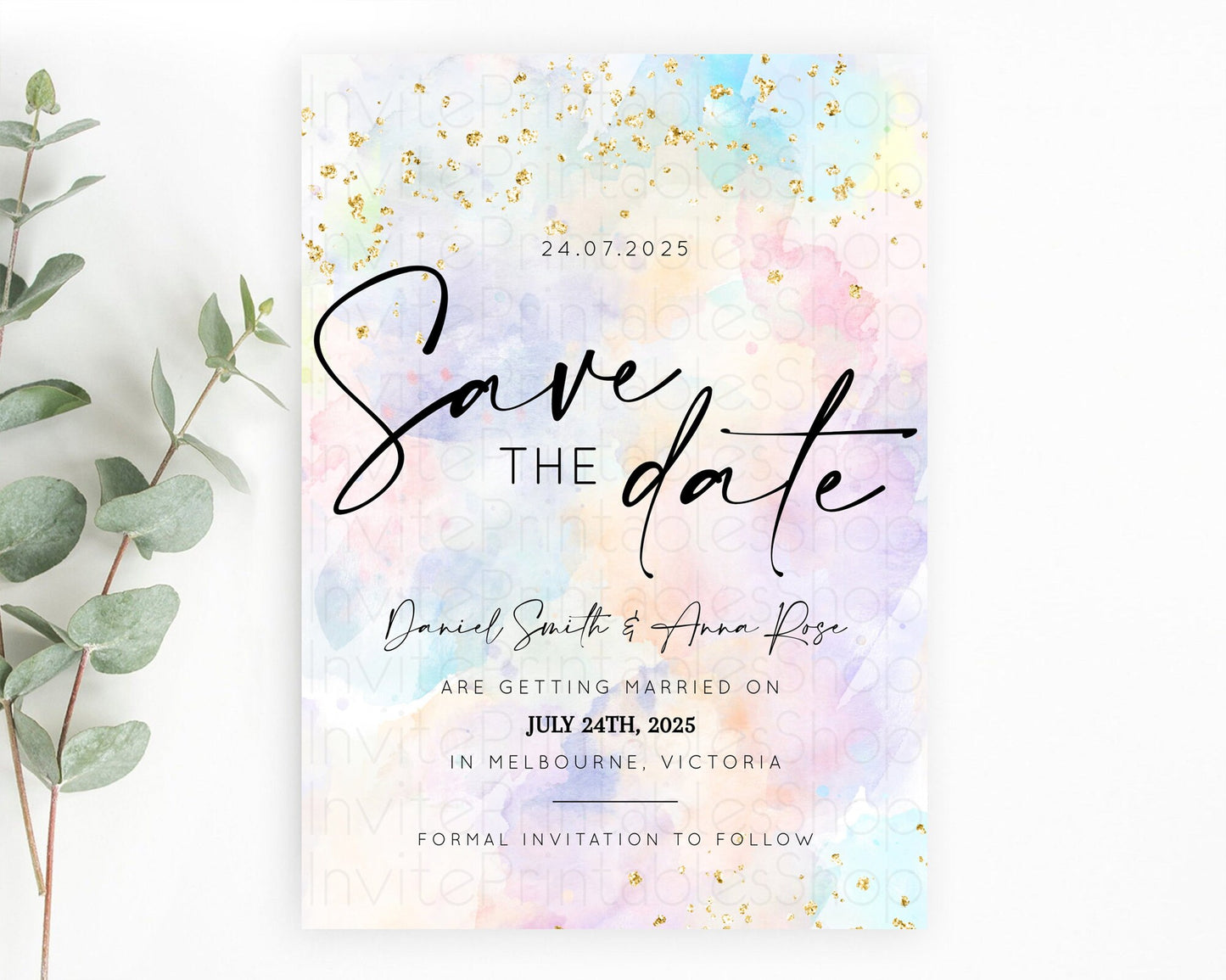 Pastel Save The Date Template Pastel Ombre Rainbow Watercolor Colorful Party For Birthday Baptism Baby Shower Wedding Bridal Shower D10605