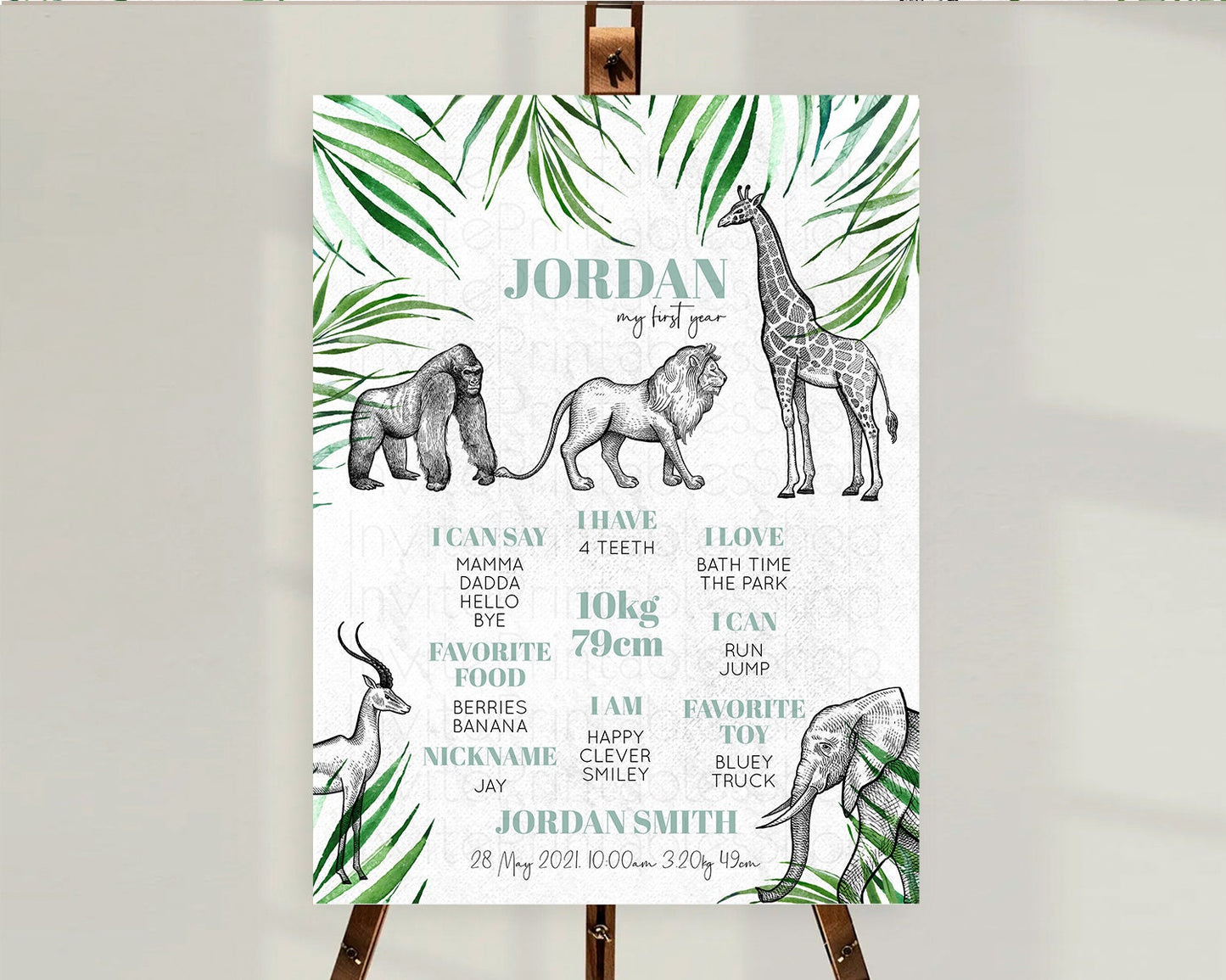 Safari First Birthday Milestone Poster Lion Gorilla Elephant Rhino Tropical Palm Jungle Zoo Party Animal 1st Birthday Welcome Sign D10853