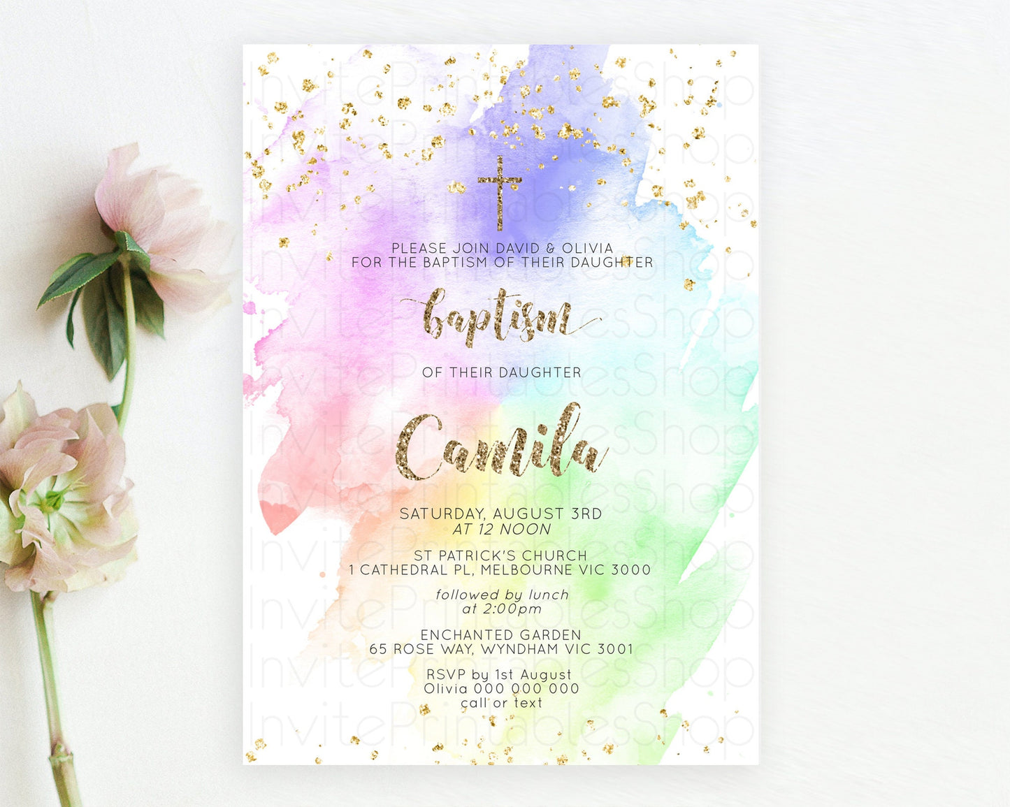 Pastel Baptism Invitation Pastel Colors Watercolor Baptism 1st Birthday Party Gold Ombre Pastel Rainbow Christening Holy Communion D10319