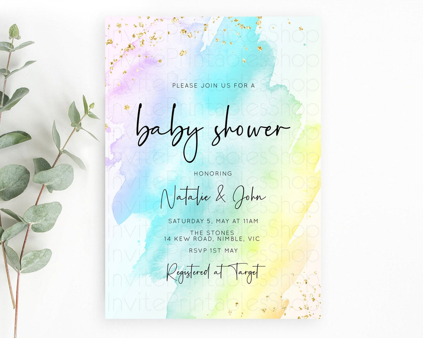 Pastel Baby Shower Invitation Rainbow Baby Shower Invitation Colorful Pastel Watercolor Invitation Gold Glitter Sprinkles Ombre D10171