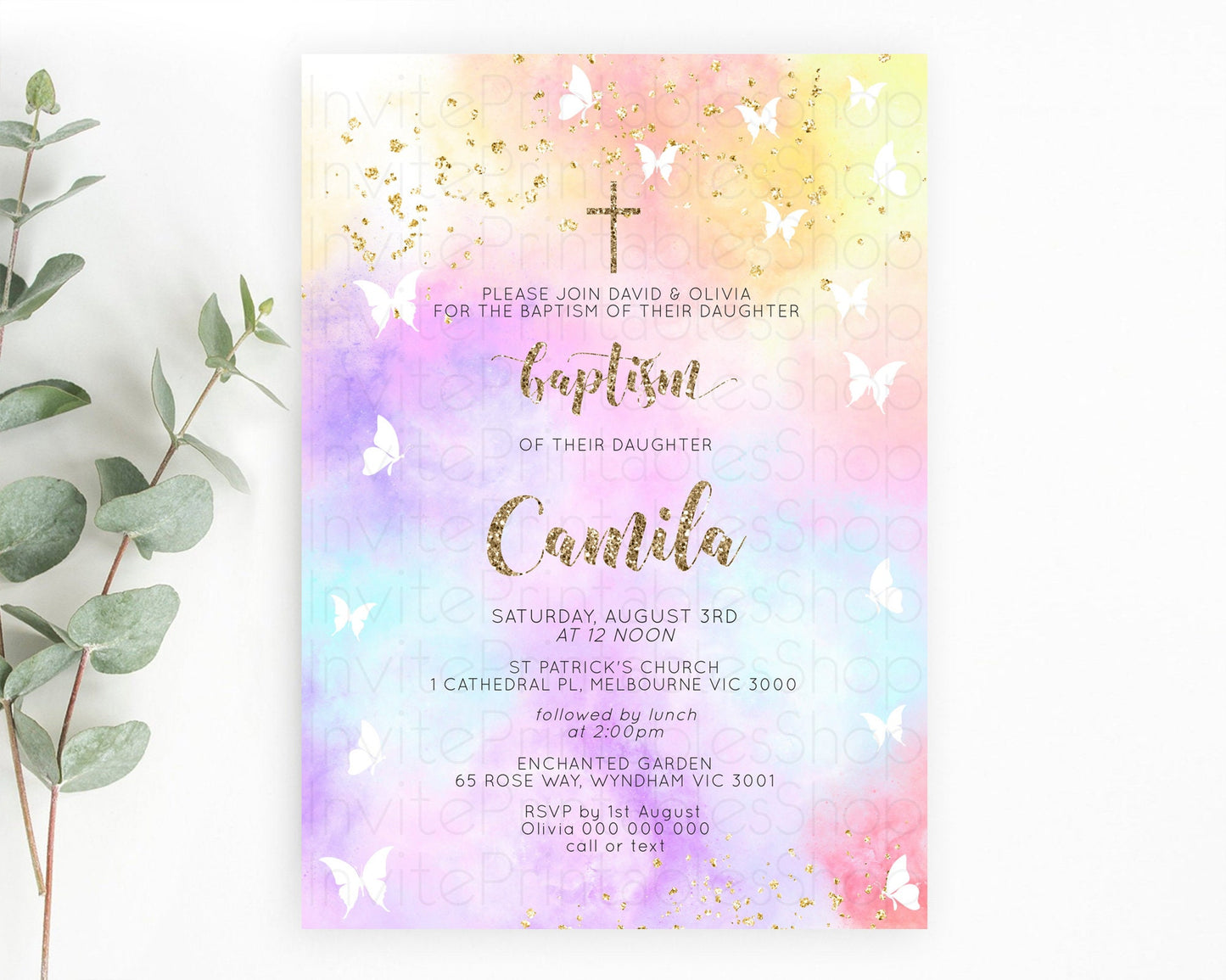 Pastel Baptism Invitation Pastel Colors Watercolor Baptism 1st Birthday Party Gold Ombre Pastel Rainbow Christening Holy Communion D10435