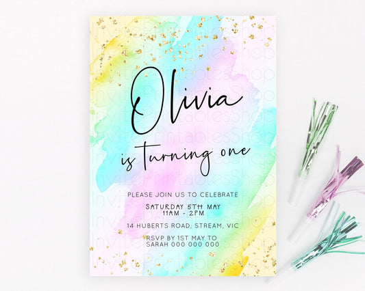 Pastel Birthday Invitation Ombre Watercolor Birthday Invitation Glitter Rainbow Color Splash 1st 2nd 3rd Birthday Invitation D23054