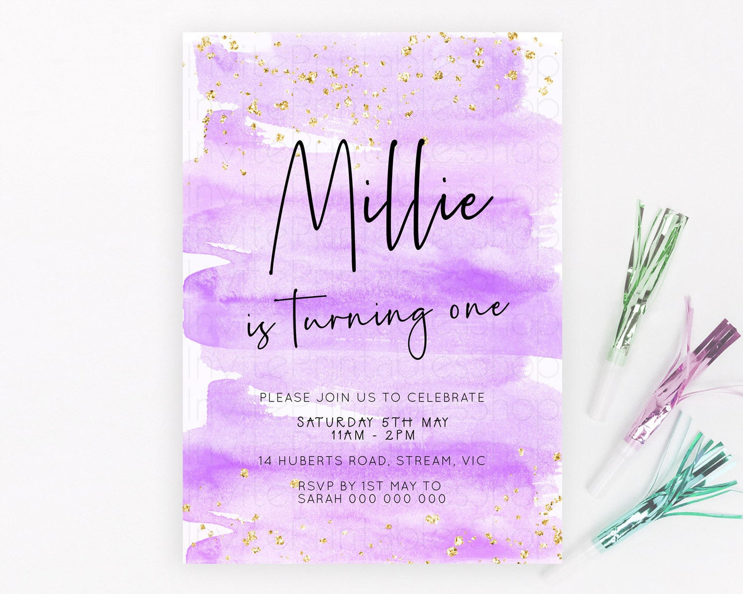 Purple Birthday Invitation Purple Watercolor Invite Pastel Purple Watercolor Invitation Purple Splash Gold Invitation First Birthday D23049