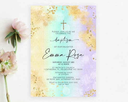 Pastel Baptism Invitation Pastel Colors Watercolor Baptism 1st Birthday Party Gold Ombre Pastel Rainbow Christening Holy Communion D10672