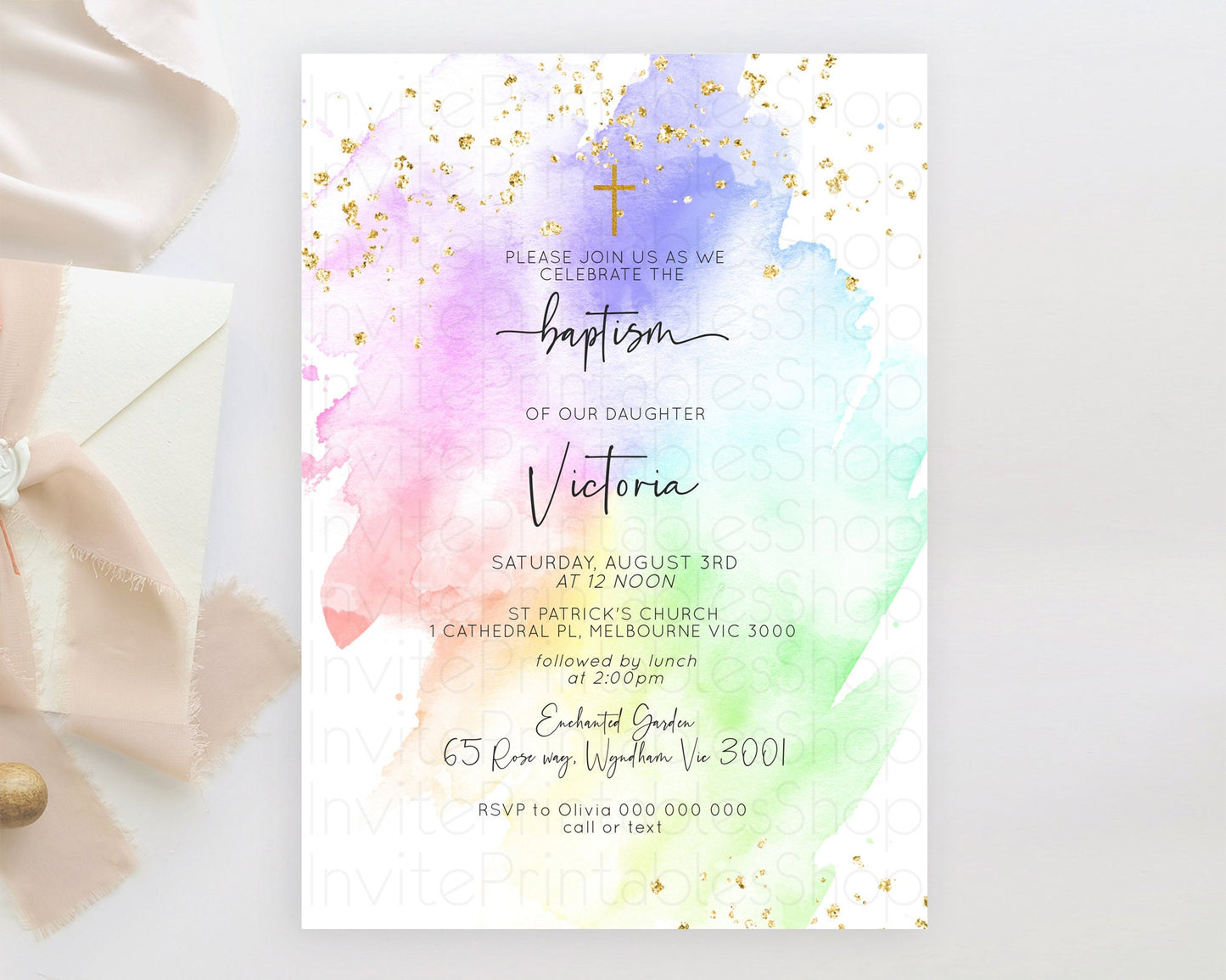 Pastel Baptism Invitation Pastel Colors Watercolor Baptism 1st Birthday Party Gold Ombre Pastel Rainbow Christening Holy Communion D10316