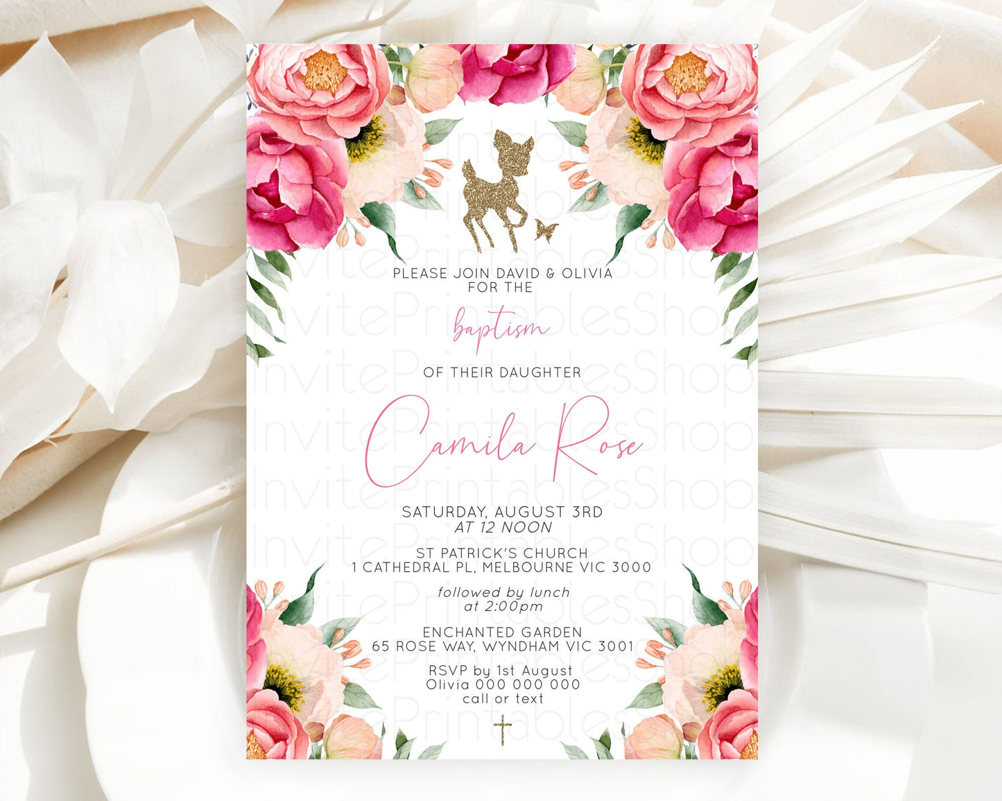 Fawn Baptism Invitation Deer Baptism 1st Birthday Invitation Enchanted Forest Christening Invitation Pastel Garden Butterfly Floral D10326