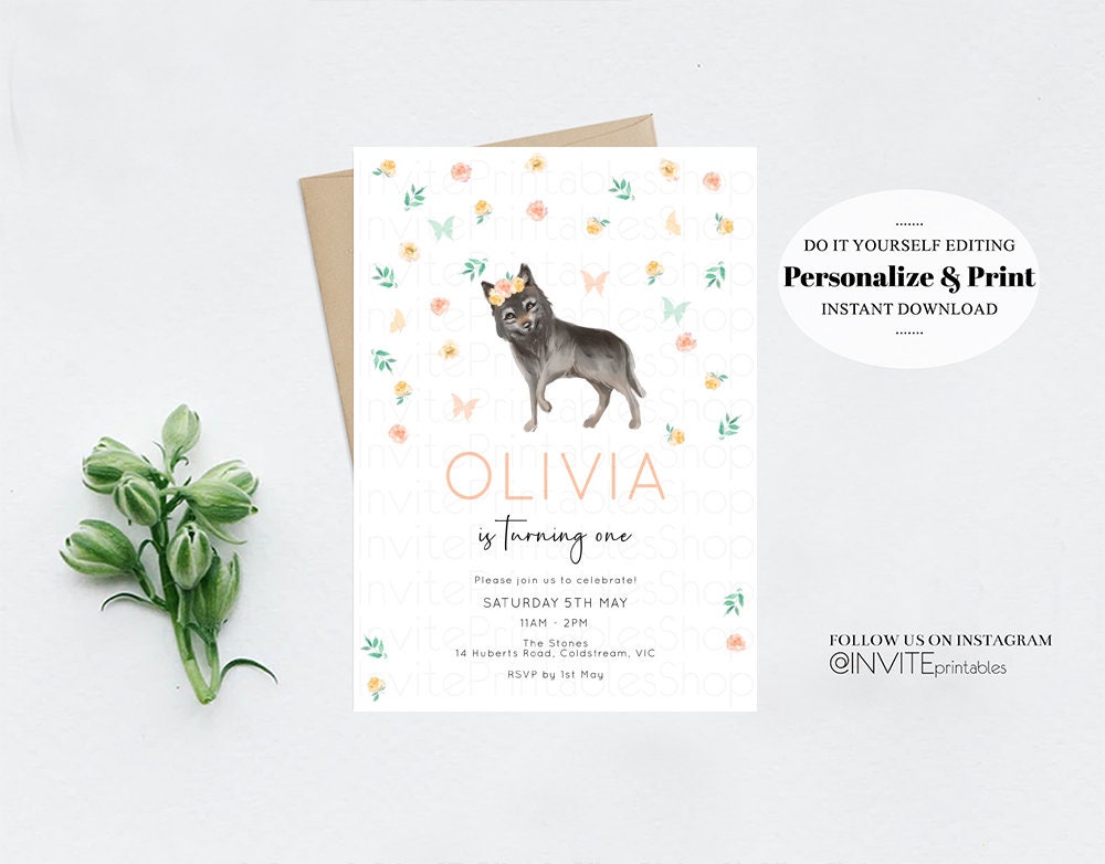 Wolf Invitation Wolf Birthday Invite Grey Baby Wolf Tribal Boho Pink Pastel Flower Crown Confetti Floral Garden Custom Invite