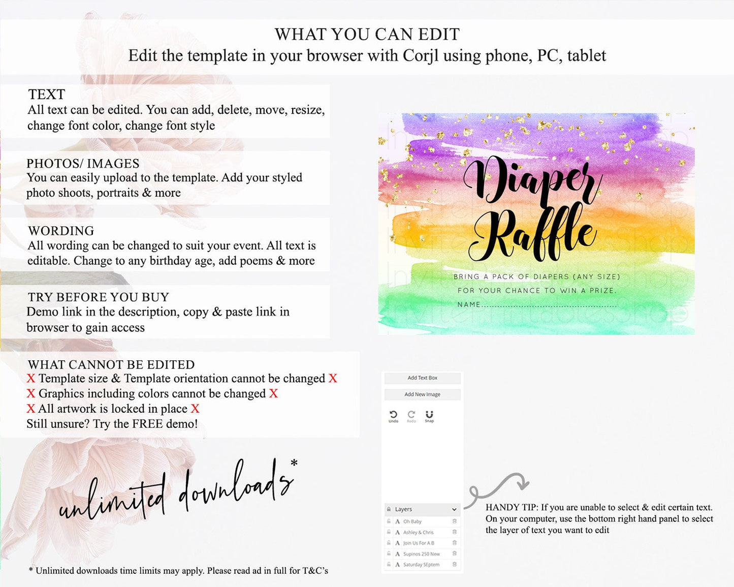 Pastel Diaper Raffle Card Pastel Rainbow Diaper Raffle Insert Colorful Ombre Watercolor Diaper Ticket Confetti Glitter Raffle Game D10524