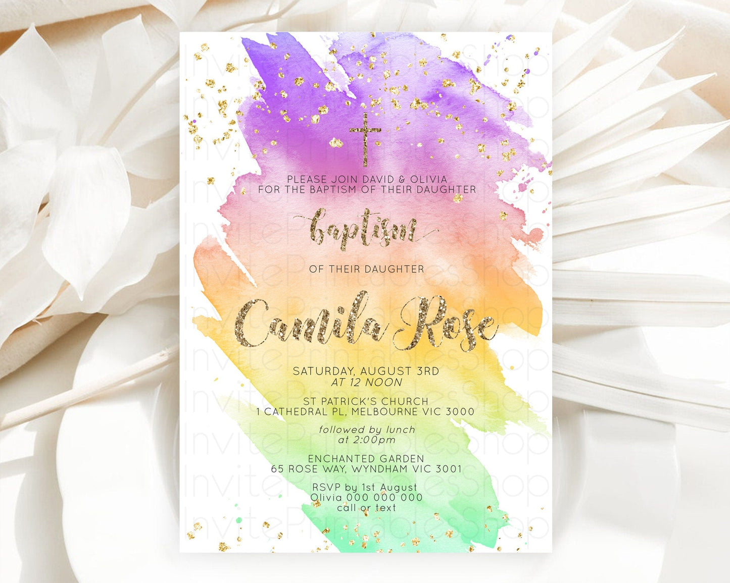 Pastel Baptism Invitation Pastel Colors Watercolor Baptism 1st Birthday Party Gold Ombre Pastel Rainbow Christening Holy Communion D10517