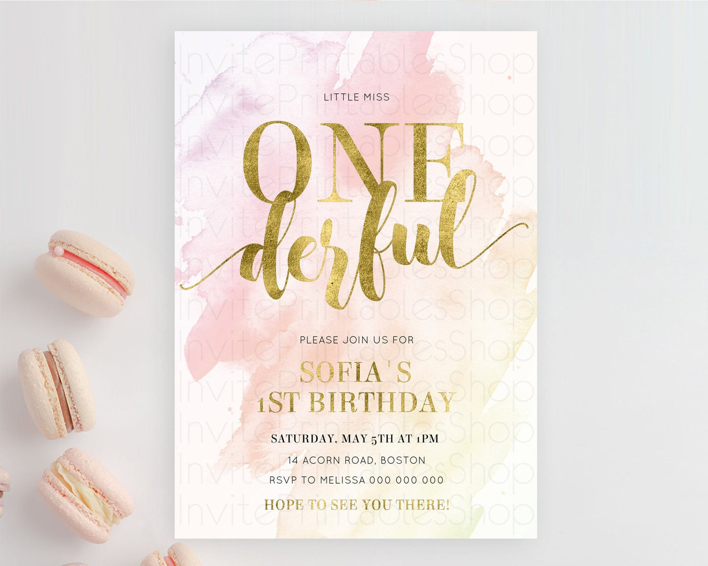 ONEderful Rainbow Birthday Invitation Colorful Pastel Watercolor Invitation Gold Glitter Sprinkles Ombre Pastel 1st Birthday D11025