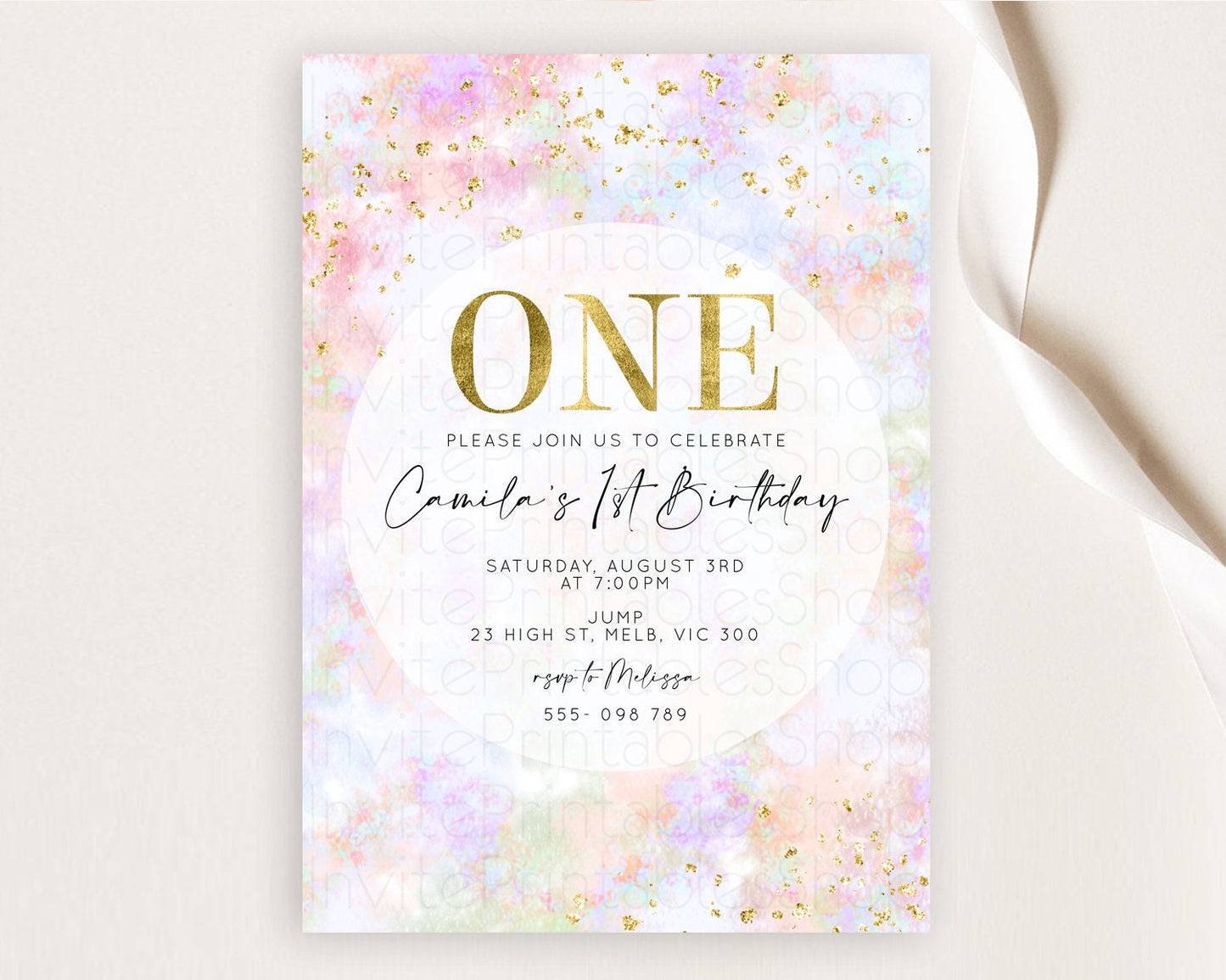 Rainbow Birthday Invitation Colorful Pastel Watercolor Invitation Gold Glitter Sprinkles Ombre Pastel 1st 2nd 3rd Birthday D10649