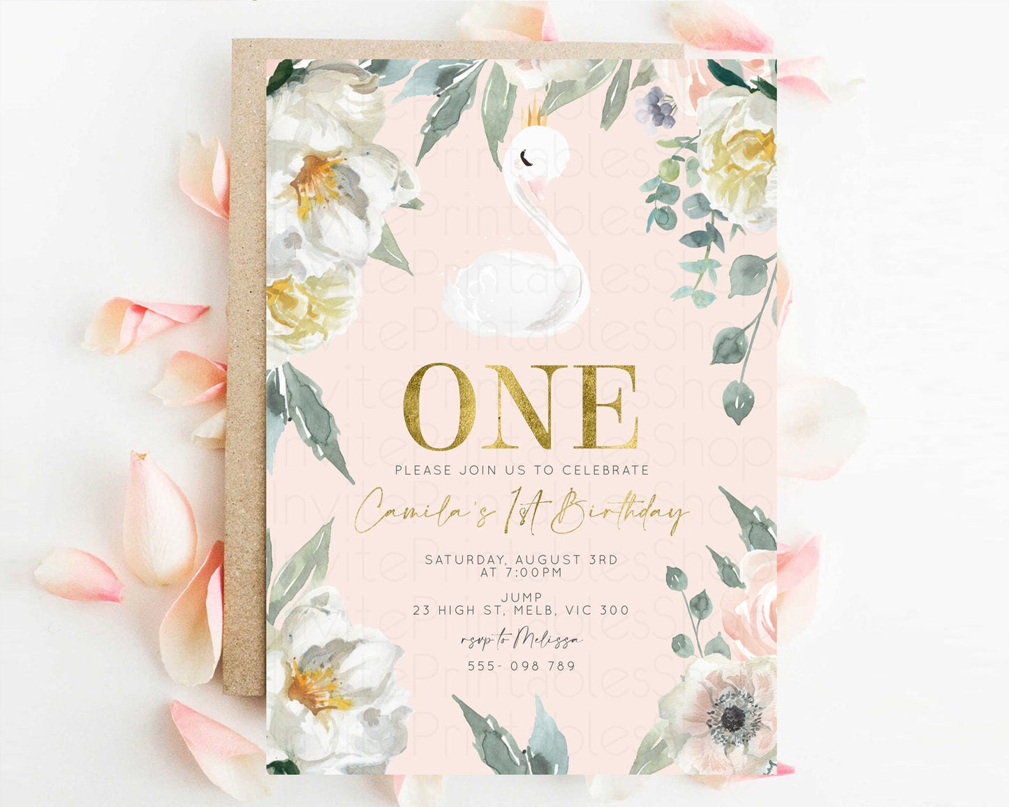 Swan Birthday Invitation White Floral Birthday Invitation Swan Princess Invite Ballet Swan Princess Invite Enchanted Garden Invite s102