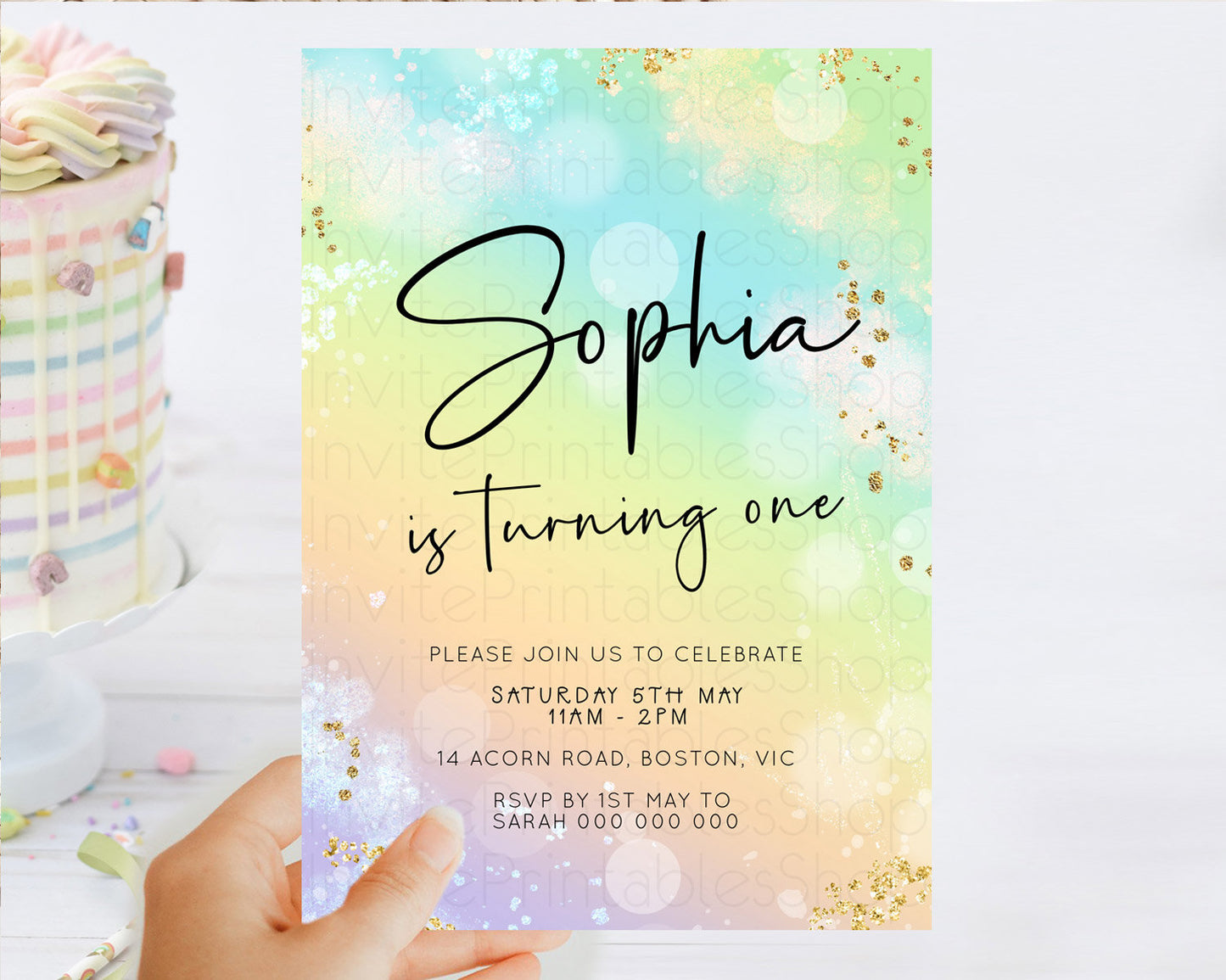 Pastel Birthday Invitation Ombre Watercolor Birthday Invitation Glitter Rainbow Color Splash 1st 2nd 3rd Birthday Invitation D23101