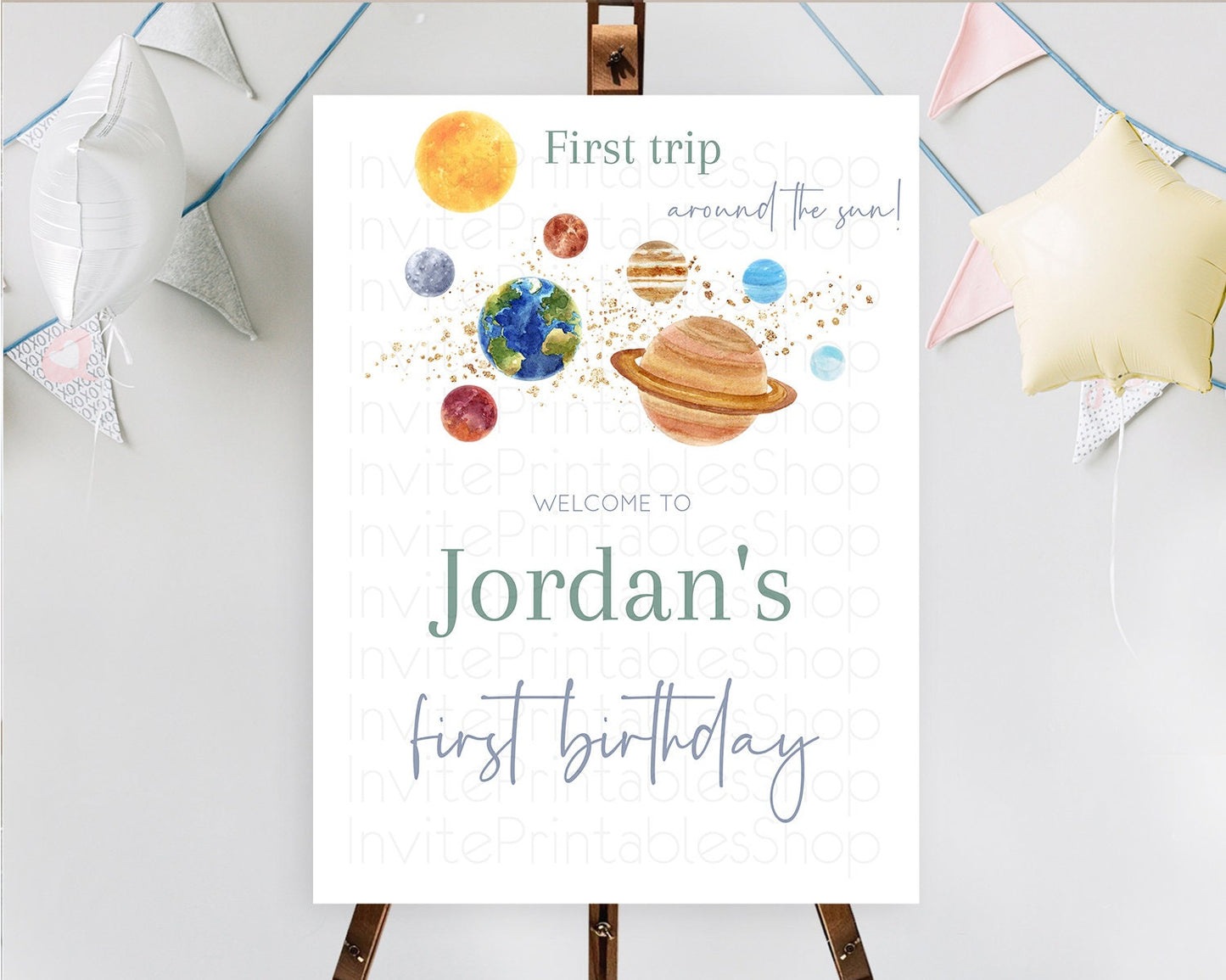 Space Birthday Welcome Sign Space Welcome Board First Trip Around the Sun Welcome Poster Planets Solar System ONE year Birthday Sign D10598