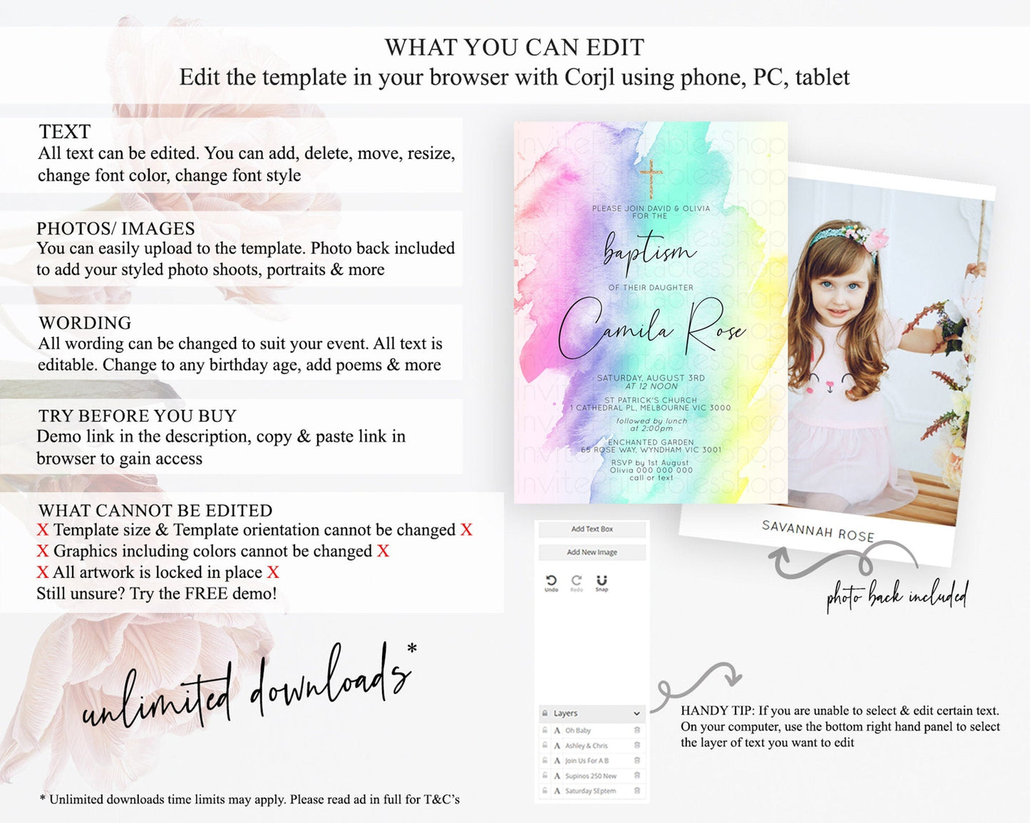 Pastel Baptism Invitation Pastel Colors Watercolor Baptism 1st Birthday Party Gold Ombre Pastel Rainbow Christening Holy Communion D10231