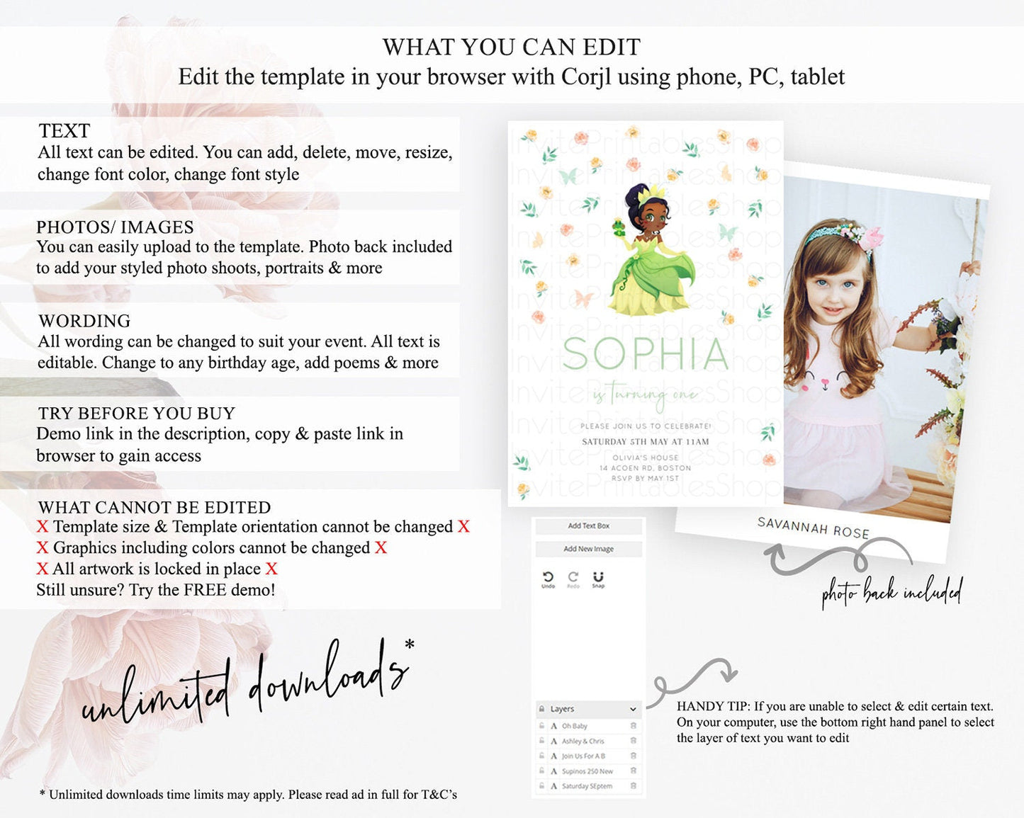 Princess Birthday Invitation Castle Invitation Royal Birthday Fairy Tale Enchanted Castle Pastel Floral Garden 1st First Birthday D10358