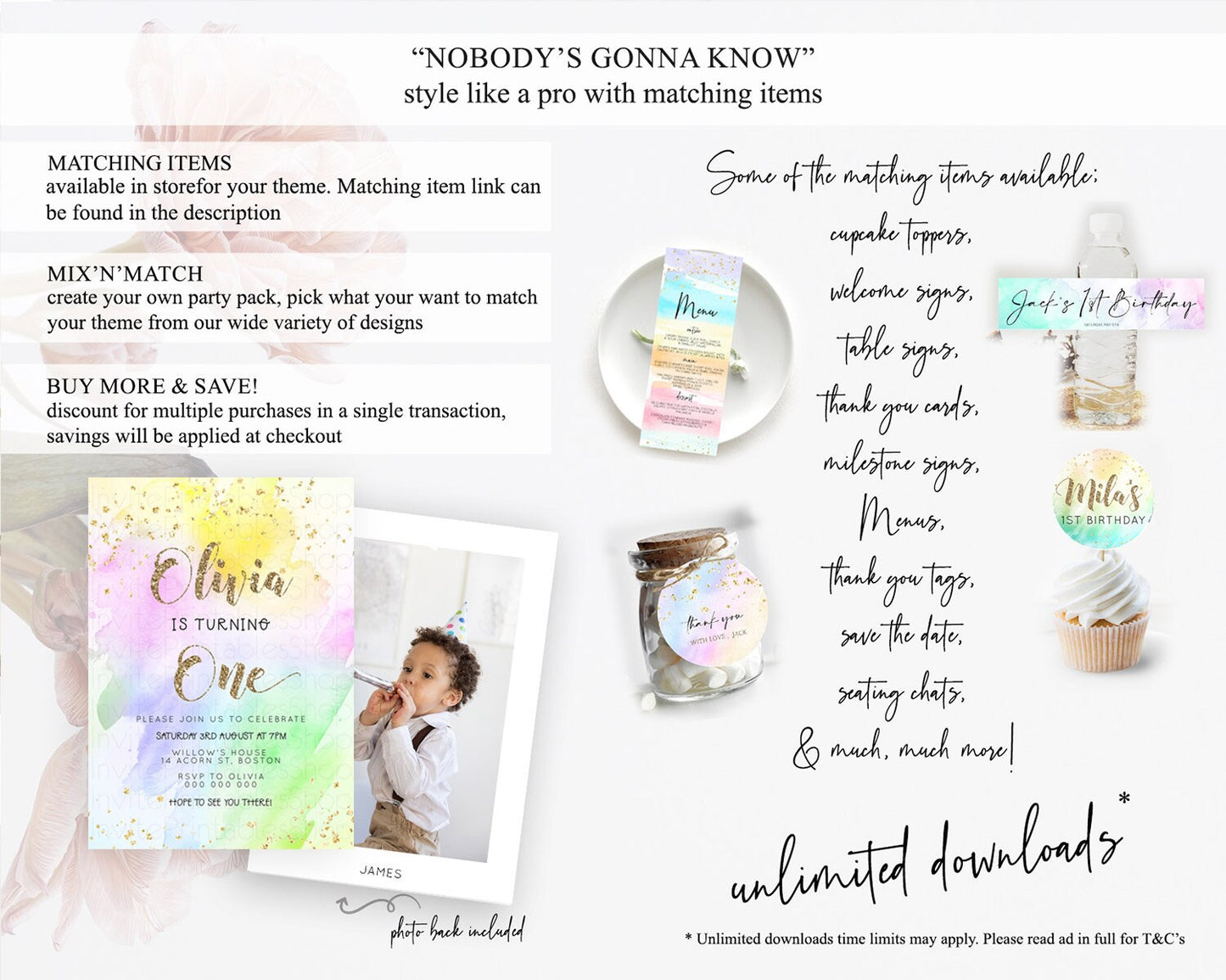 Rainbow Birthday Invitation Colorful Pastel Watercolor Invitation Gold Glitter Sprinkles Ombre Pastel 1st 2nd 3rd Birthday D23305