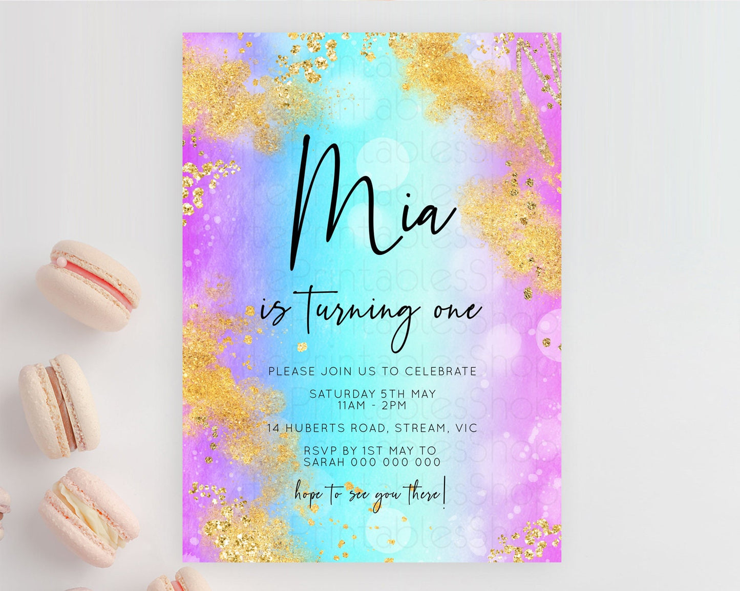 Rainbow Birthday Invitation Colorful Pastel Watercolor Invitation Gold Glitter Sprinkles Ombre Pastel 1st 2nd 3rd Birthday D10564