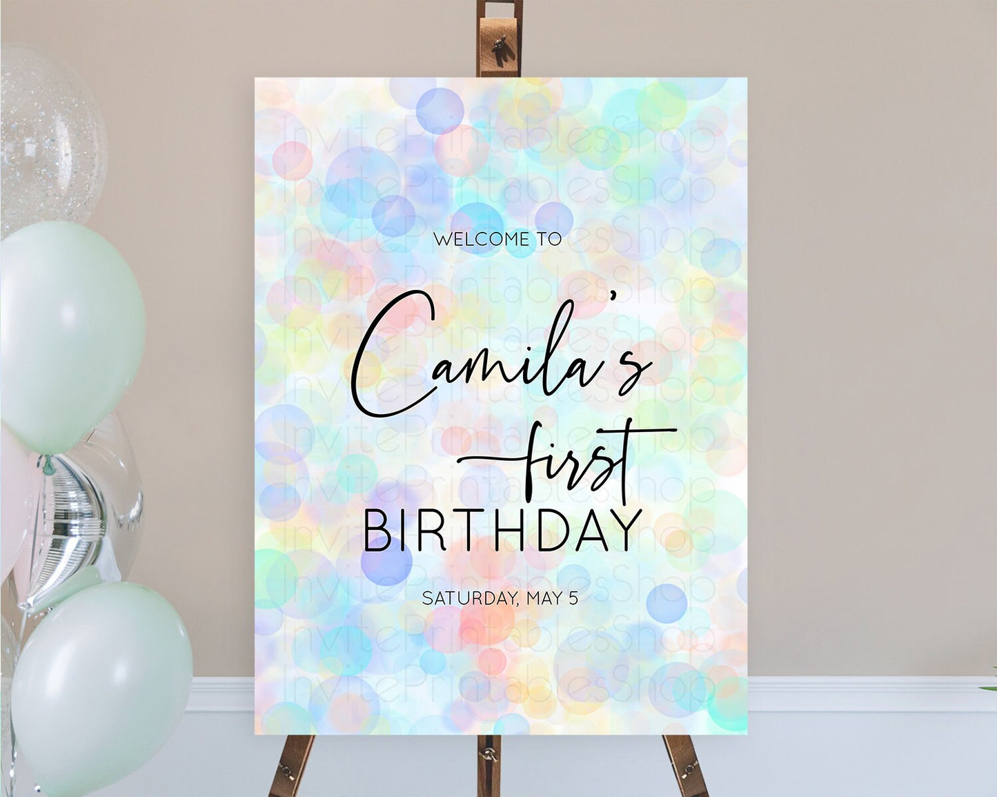 Pastel Welcome Sign Bubble Bath Birthday Party Rainbow Welcome Board Pastel Bubbles Colorful Confetti First Birthday Welcome Sign D10444