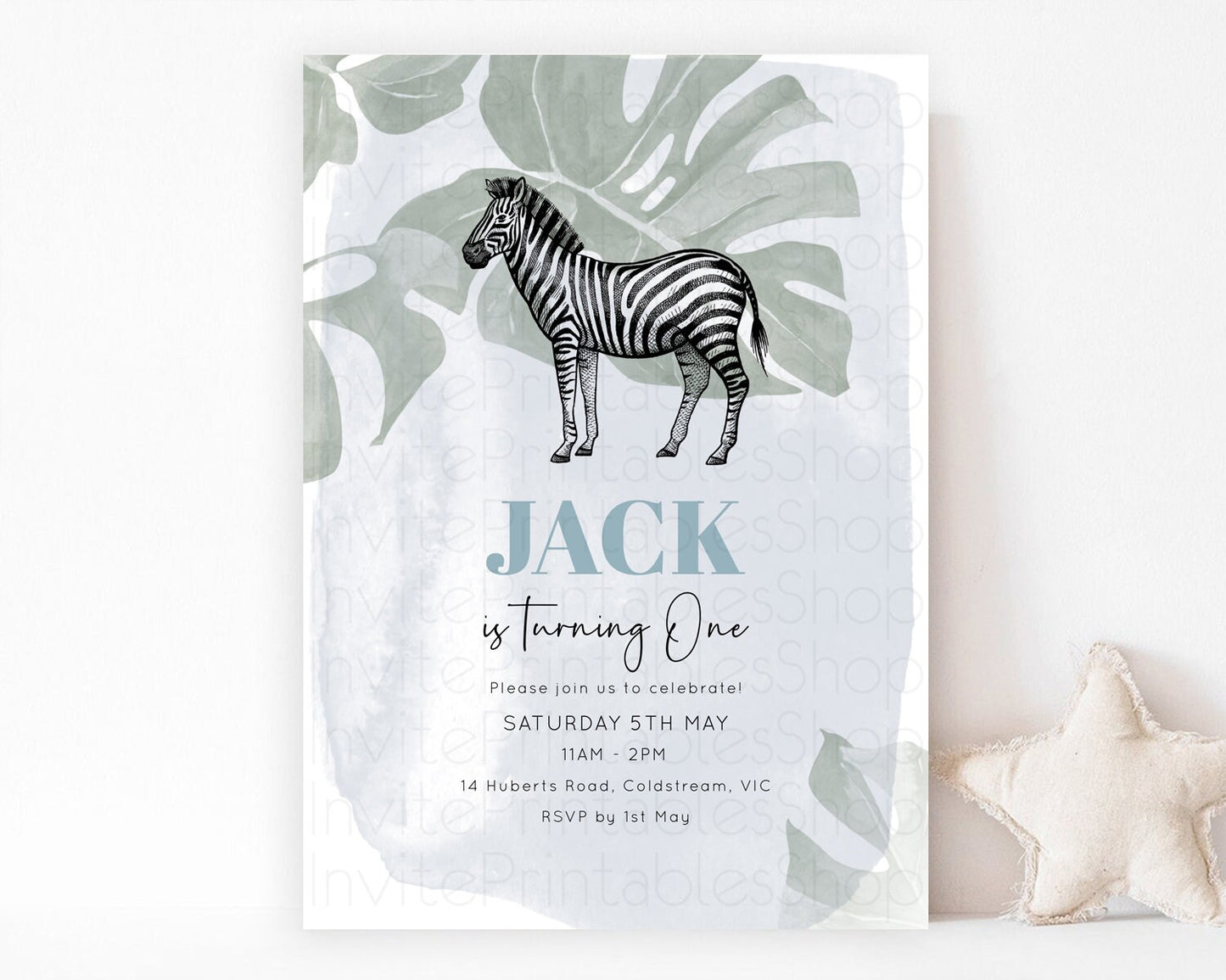 Zebra Birthday Invitation Zebra Invite Jungle Safari invite Watercolor Tropical Palm Invite Adventure Zoo Party Wild Animal Party D10814