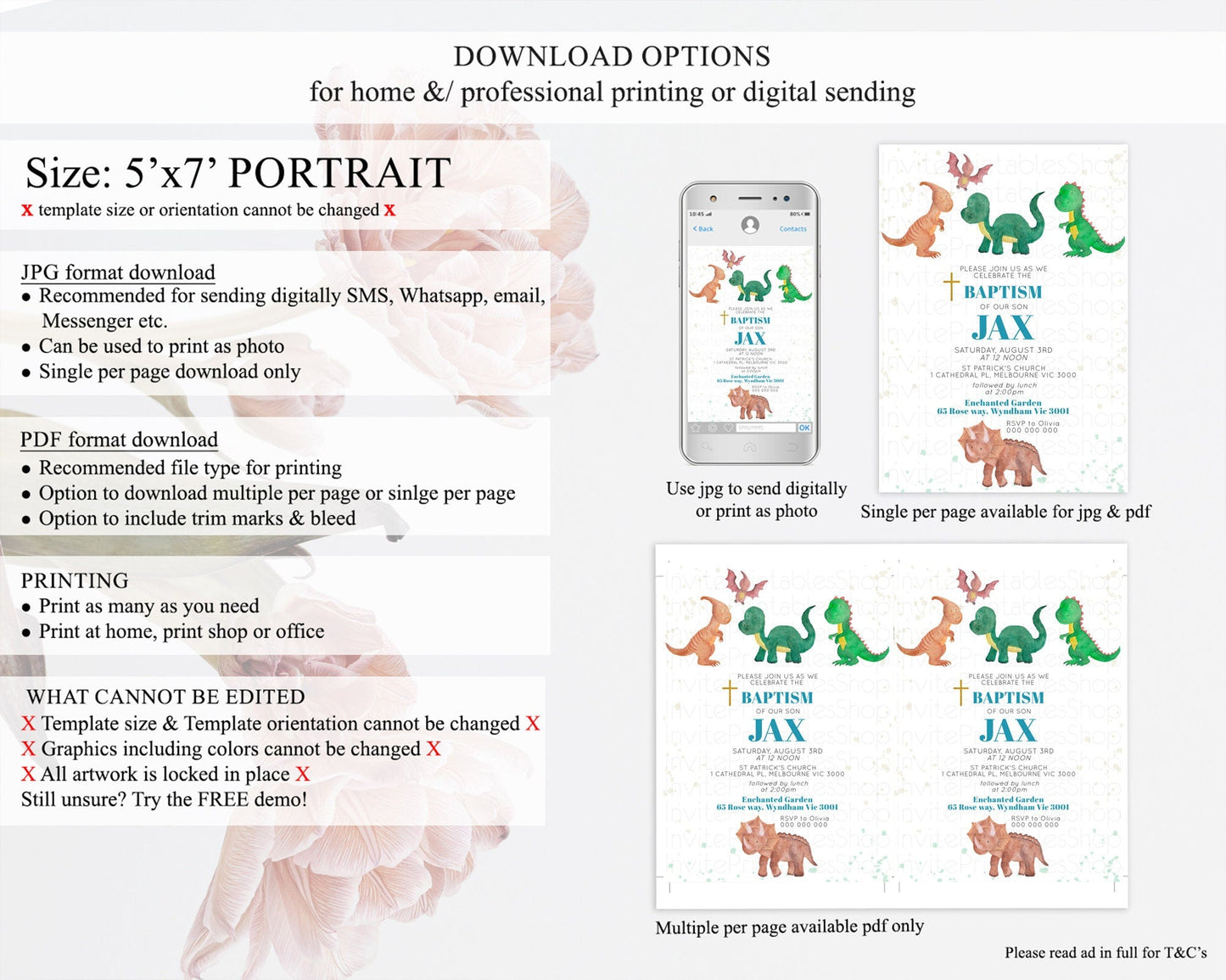 Dinosaur Baptism Invitation Dinosaur Volcano Baptism 1st Birthday Invitation Watercolor T-Rex Raptor Jurassic Christening Invitation D10153