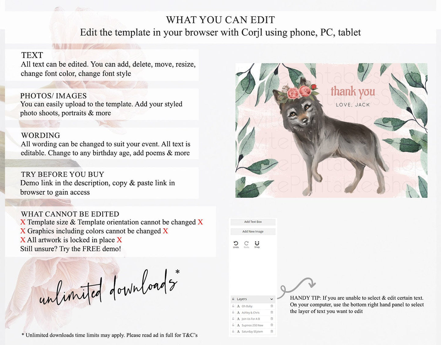 Wolf Thank You Wolf Thank You Card Pastel Floral Wolf Birthday Thank You Card Forest Wolf Party Decor Wolf Birthday Thank You Cards D10535