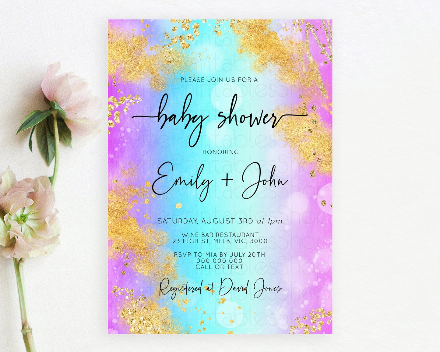 Pastel Baby Shower Invitation Rainbow Baby Shower Invitation Colorful Pastel Watercolor Invitation Gold Glitter Sprinkles Ombre D10564