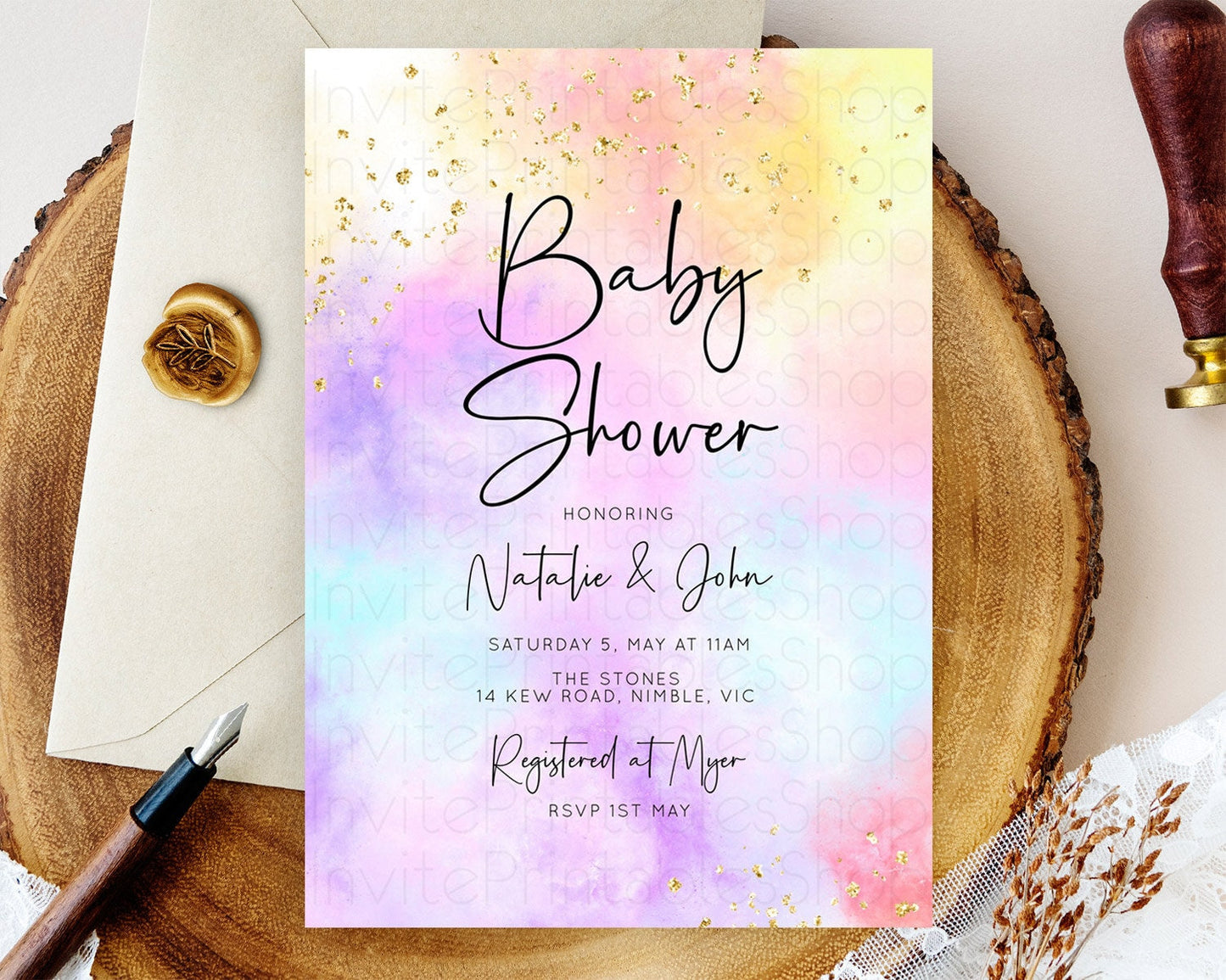 Pastel Rainbow Baby Shower Invitation, Watercolor Splash, Confetti Sprinkles, Colorful Ombre - Blue, Yellow, Purple, Orange, Gold D10438