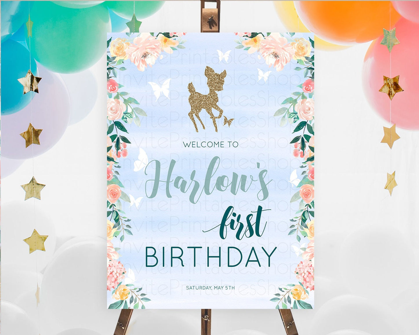 Fawn Welcome Sign Deer Welcome Board Floral Deer Welcome Poster Enchanted Forest Butterfly Pastel Floral First Birthday Welcome Sign D10875