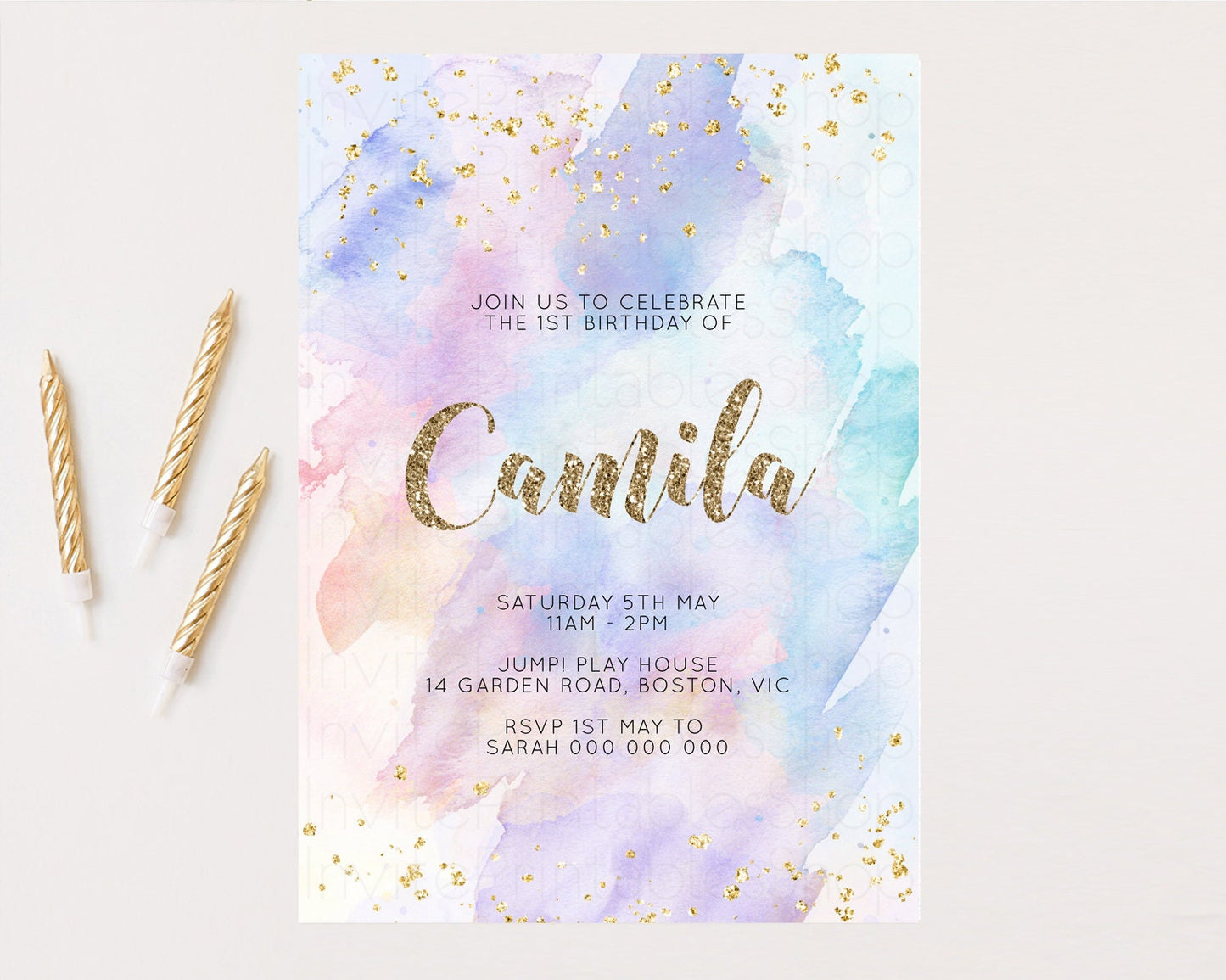 Rainbow Birthday Invitation Pastel Birthday Invitation Ombre Rainbow Invite Colorful Watercolor Invite Glitter Sprinkle Invitation g576