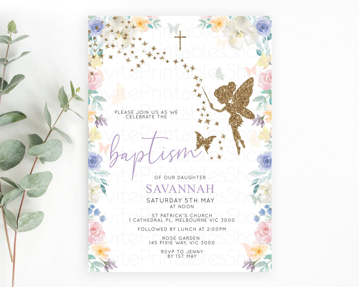 Fairy Baptism Invitation Fairy Baptism 1st Birthday Invitation Enchanted Secret Garden Christening Invite Pastel Floral Butterfly D10761