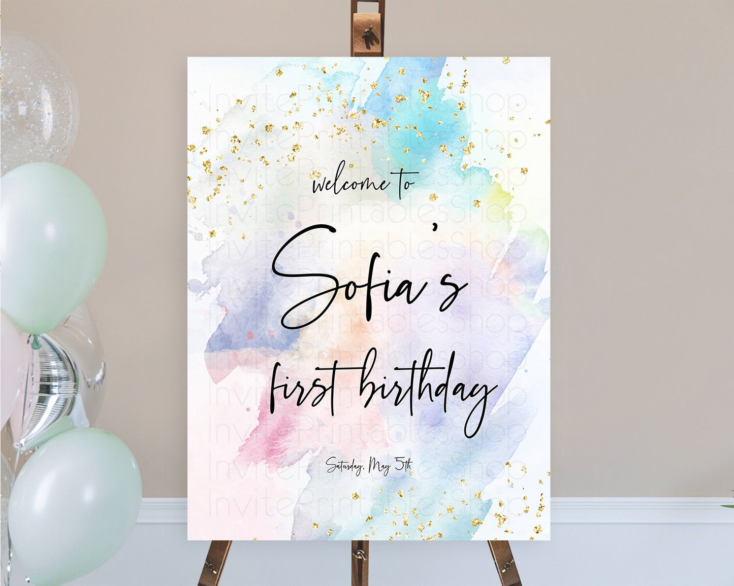 Pastel Welcome Sign Pastel Rainbow Welcome Sign Colorful Rainbow Confetti Watercolor Glitter Pastel First Birthday Welcome Sign D10424