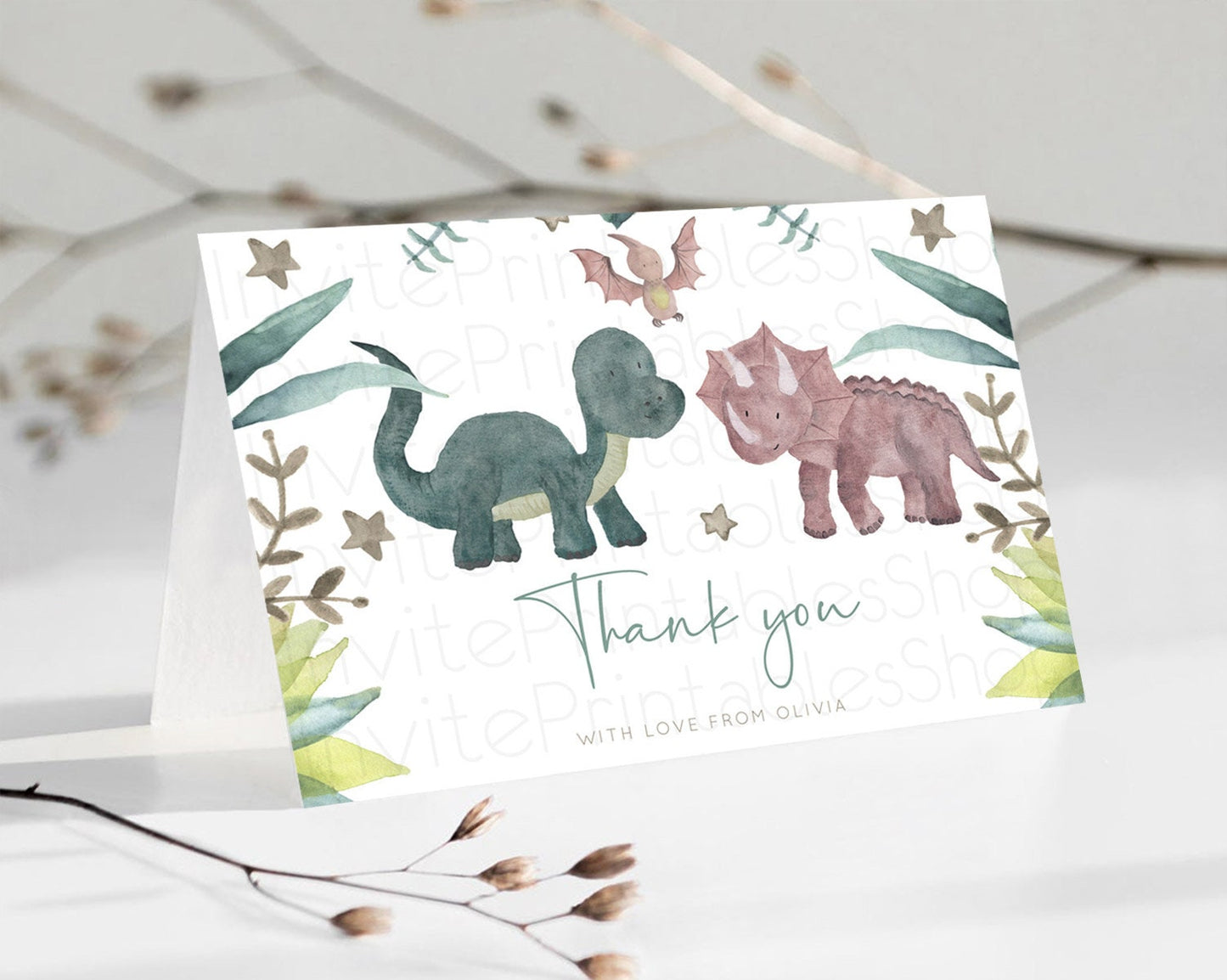 Dinosaur Thank You Dinosaur Volcano Thank You Card Dinosaur Birthday Card Watercolor Volcano T-Rex Raptor Jurassic Teacher Thank You D10597